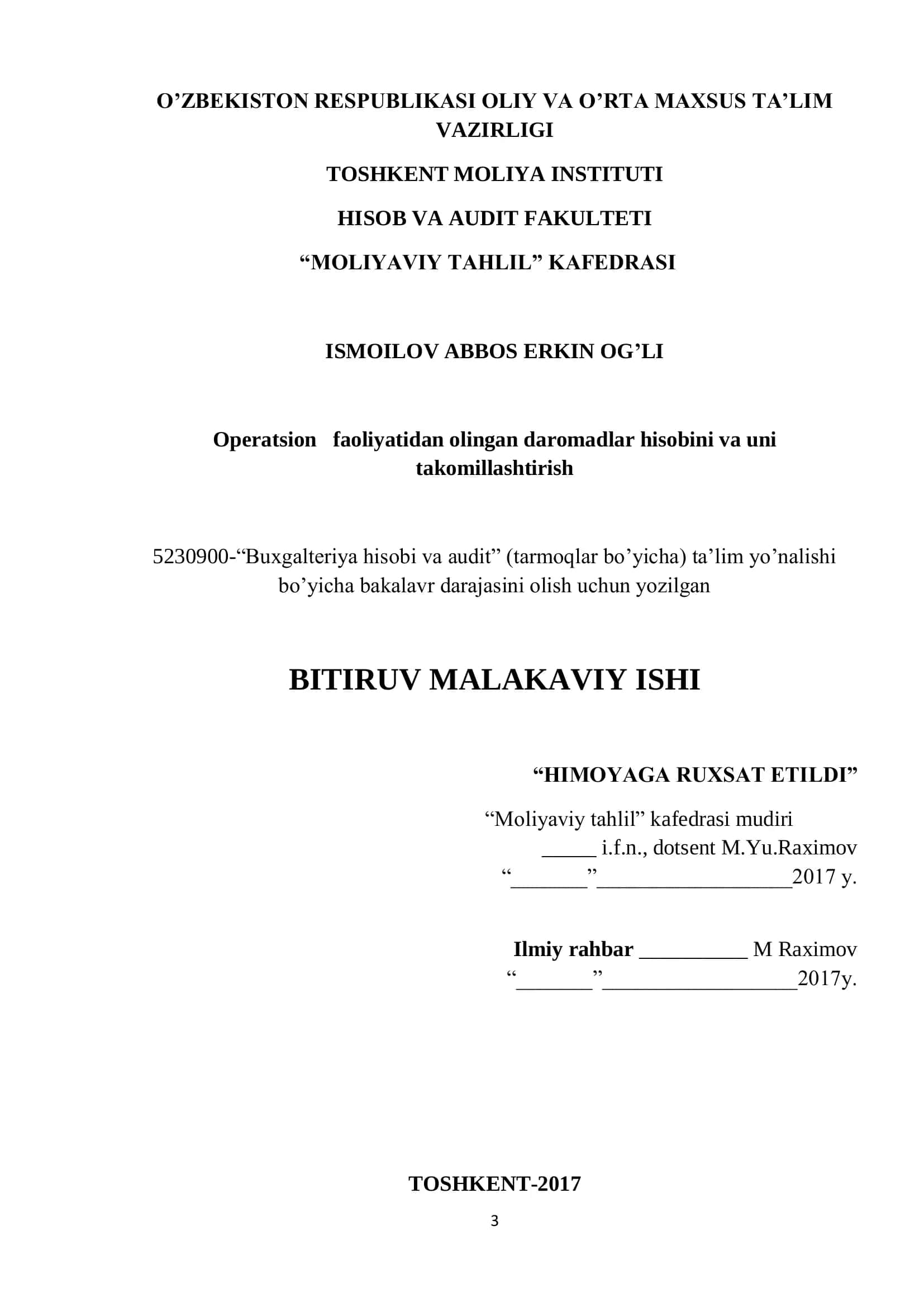 Operatsion faoliyatidan olingan daromadlar hisobini va uni takomillashtirish 1