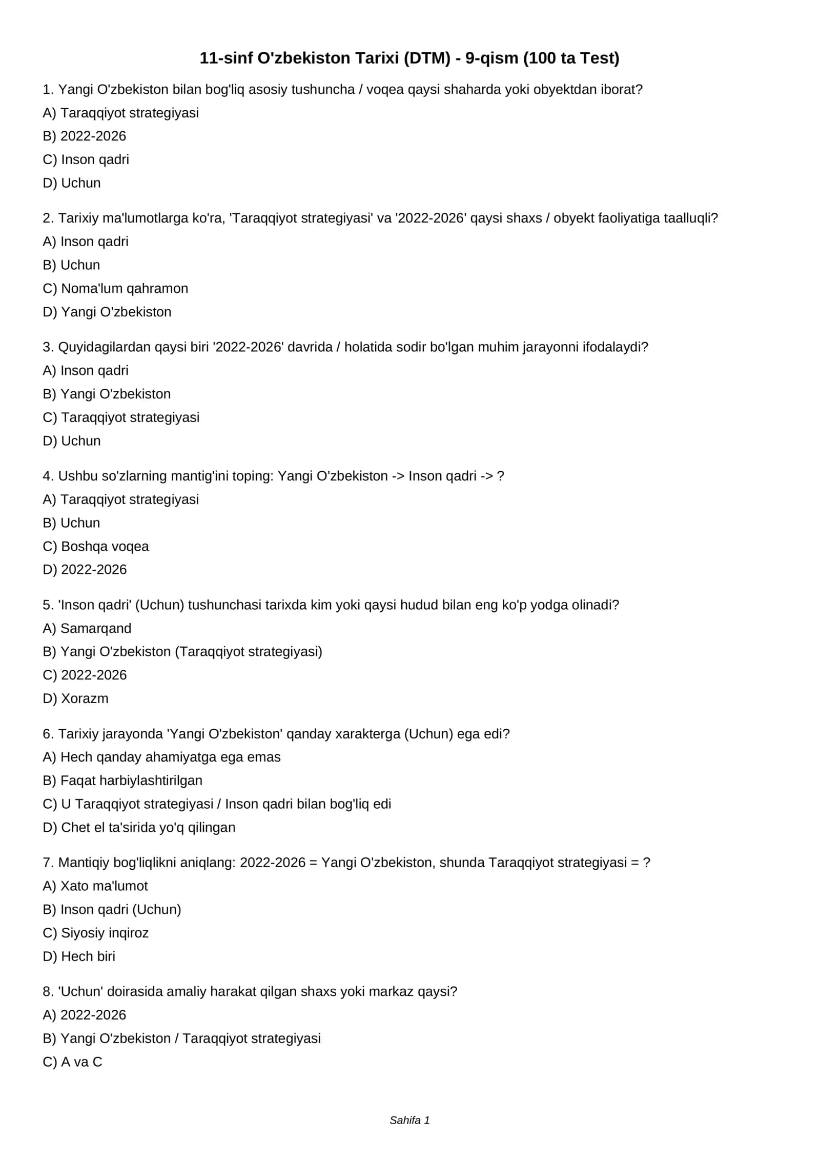11-sinf O'zbekiston Tarixi (DTM) - 9-qism (100 ta Test) 1