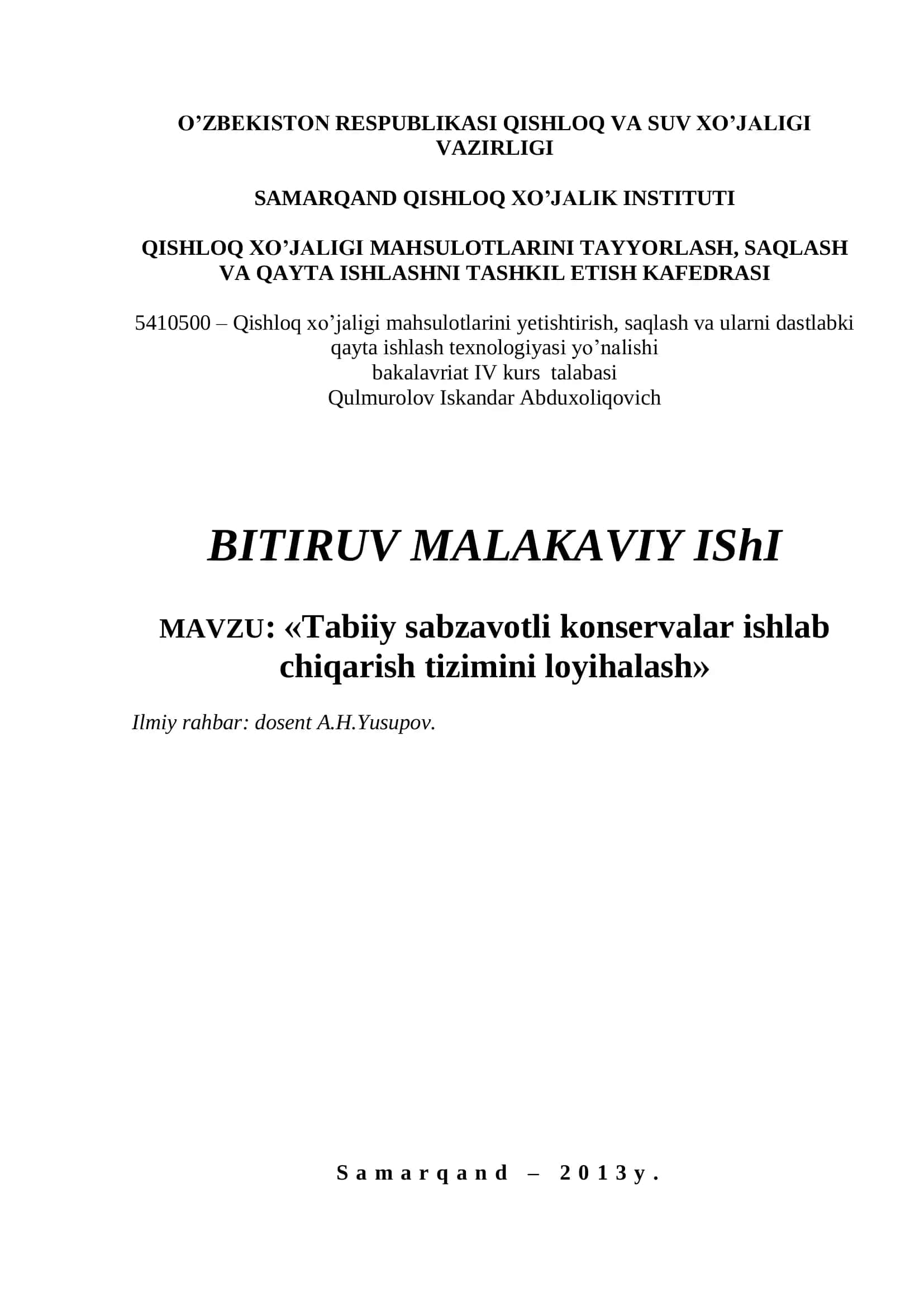 Tabiiy sabzavotli konservalar ishlab chiqarish tizimini loyihalash 1