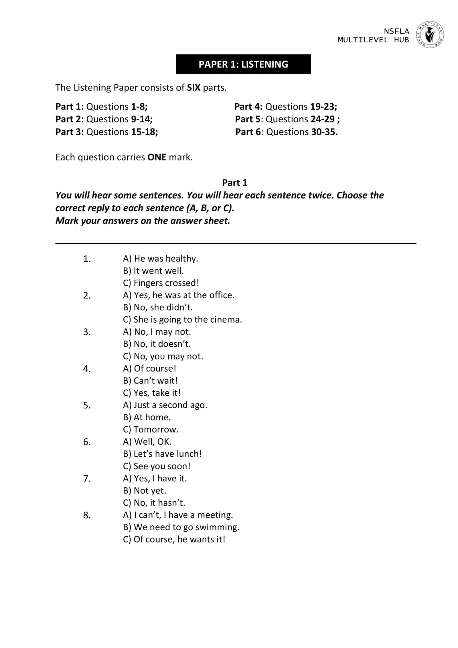 NSFLA Listening Paper 1