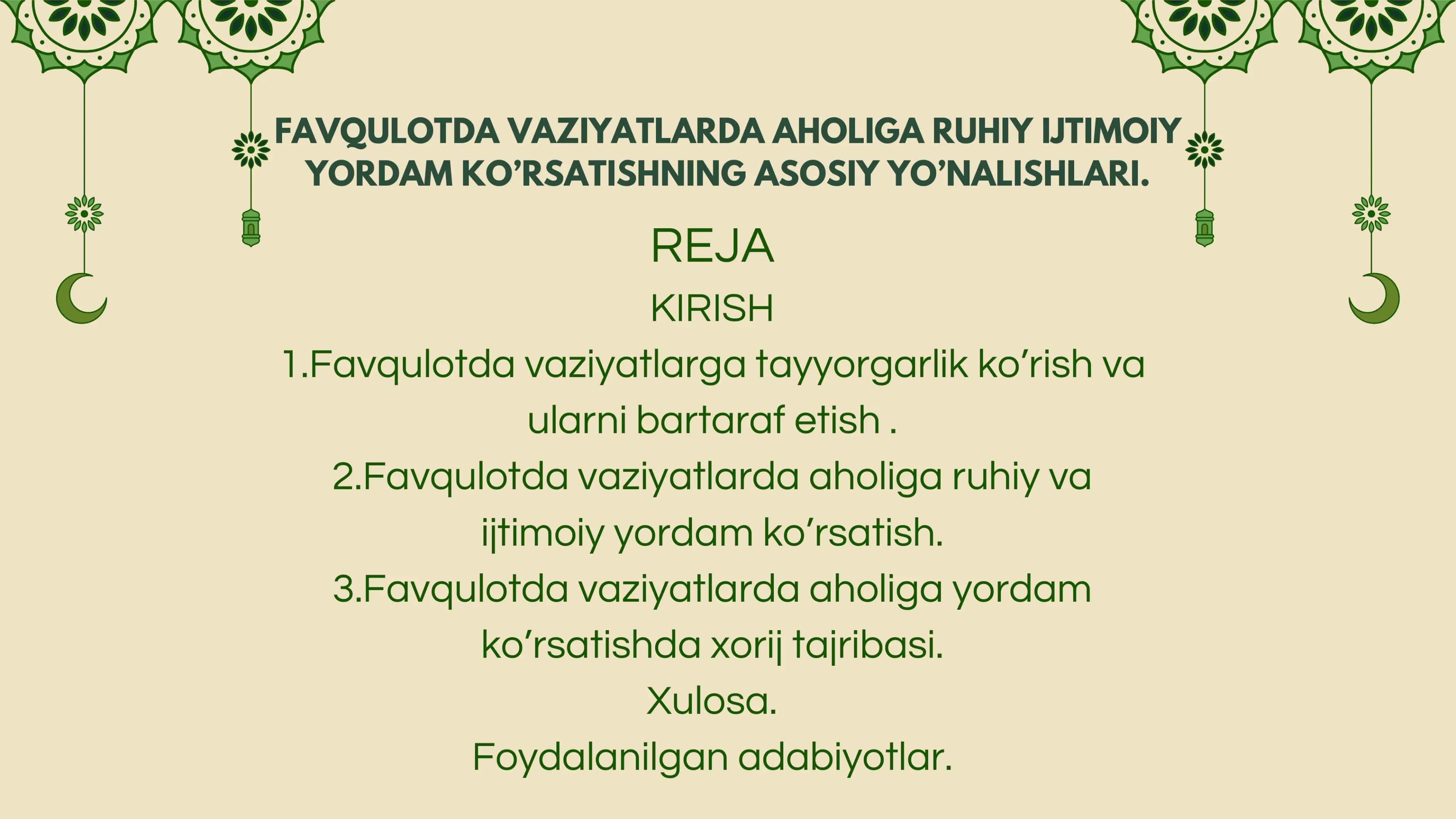 FAVQULOTDA VAZIYATLARDA AHOLIGA RUHIY IJTIMOIY YORDAM KO’RSATISHNING ASOSIY YO’NALISHLARI. 1