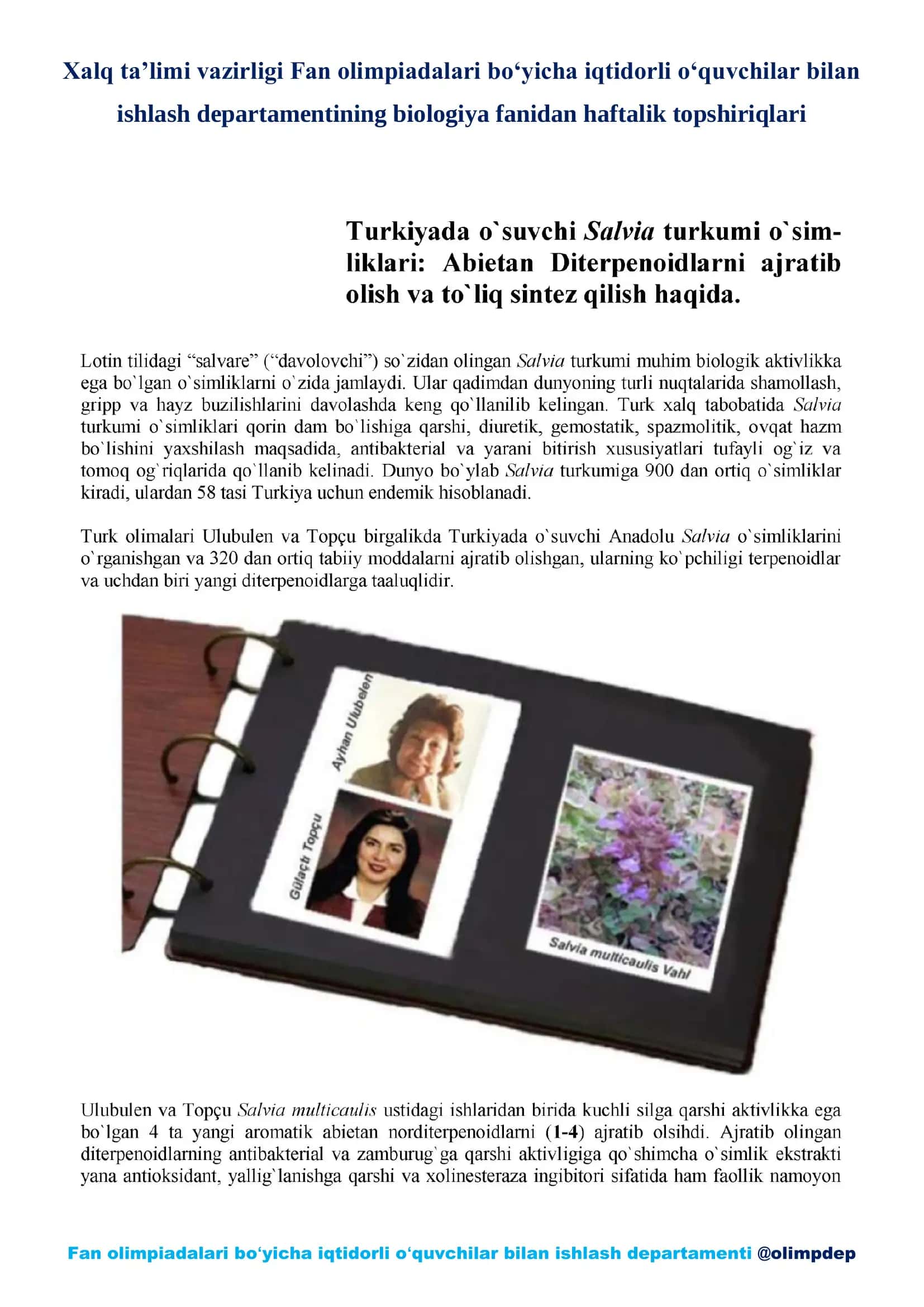 Biologiya fanidan haftalik topshiriqlar 1