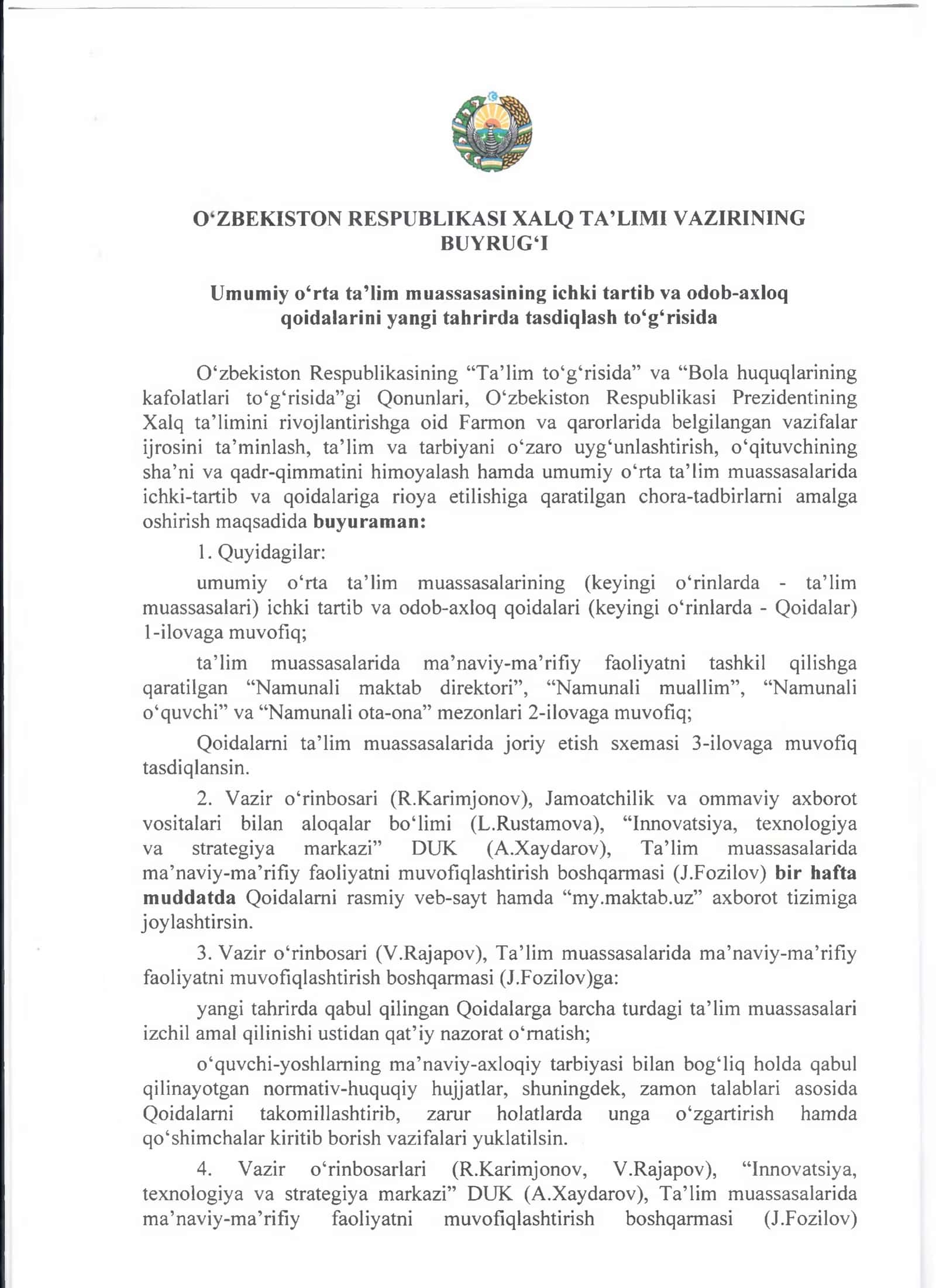 Umumiy o‘rta ta’lim muassasasining ichki tartib va odob-axloq qoidalari 1