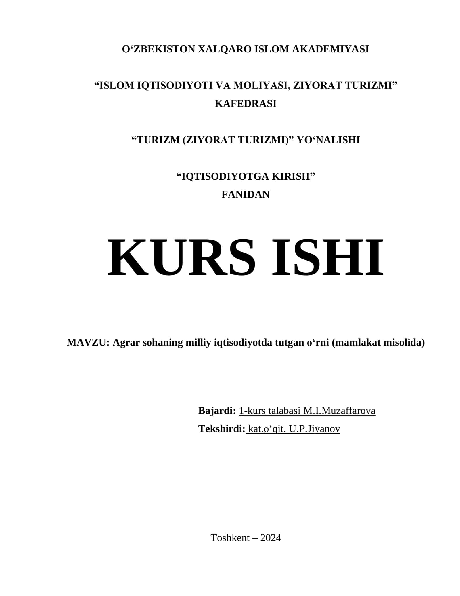 Milliy iqtisodiyotda agrar sohaning o'rni va ahamiyati (Kurs ishi / Tayyor ilmiy ish) 1