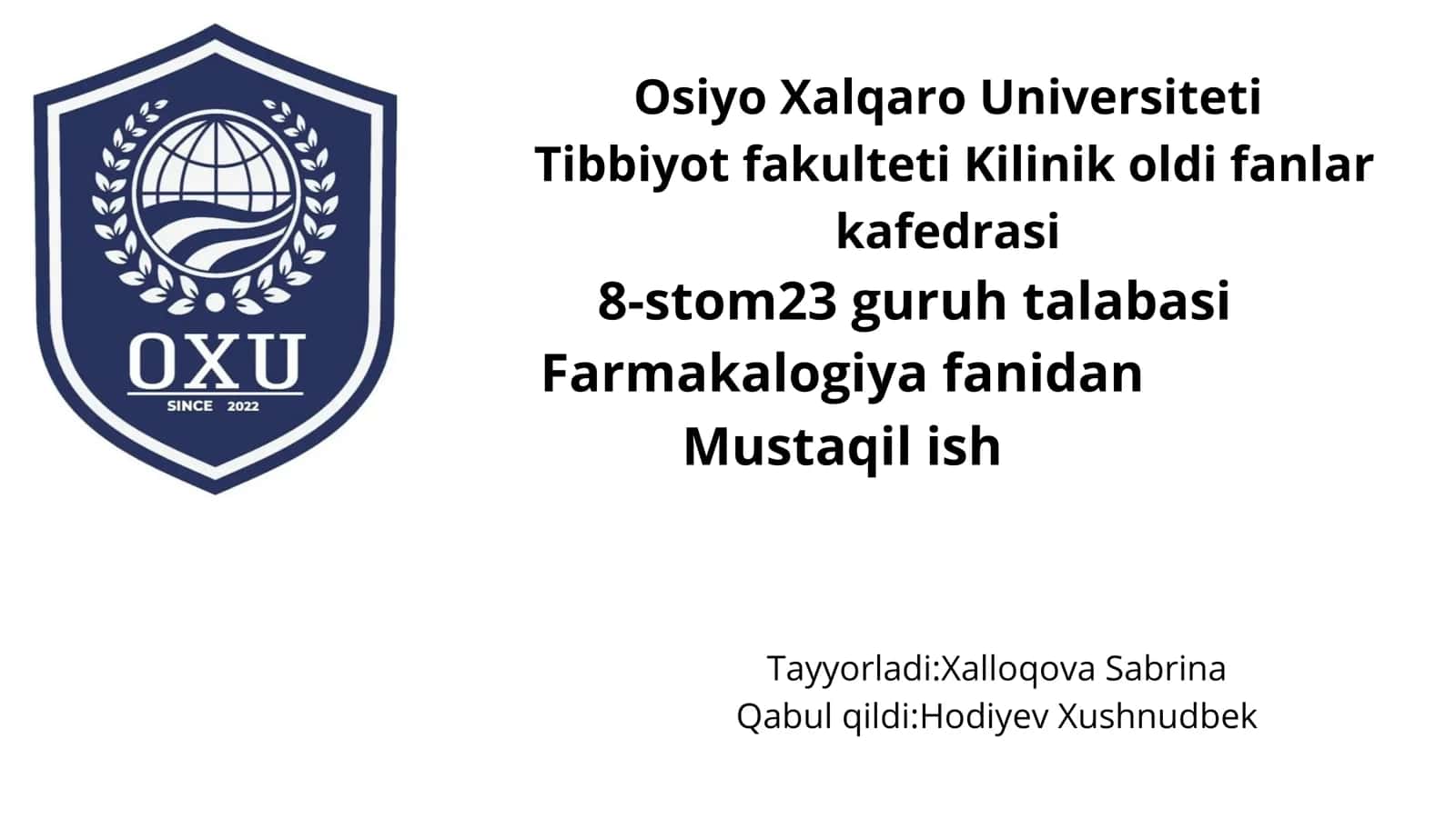 Tibbiyot fakulteti Kilinik oldi fanlar kafedrasi - Farmakalogiya fanidan 1