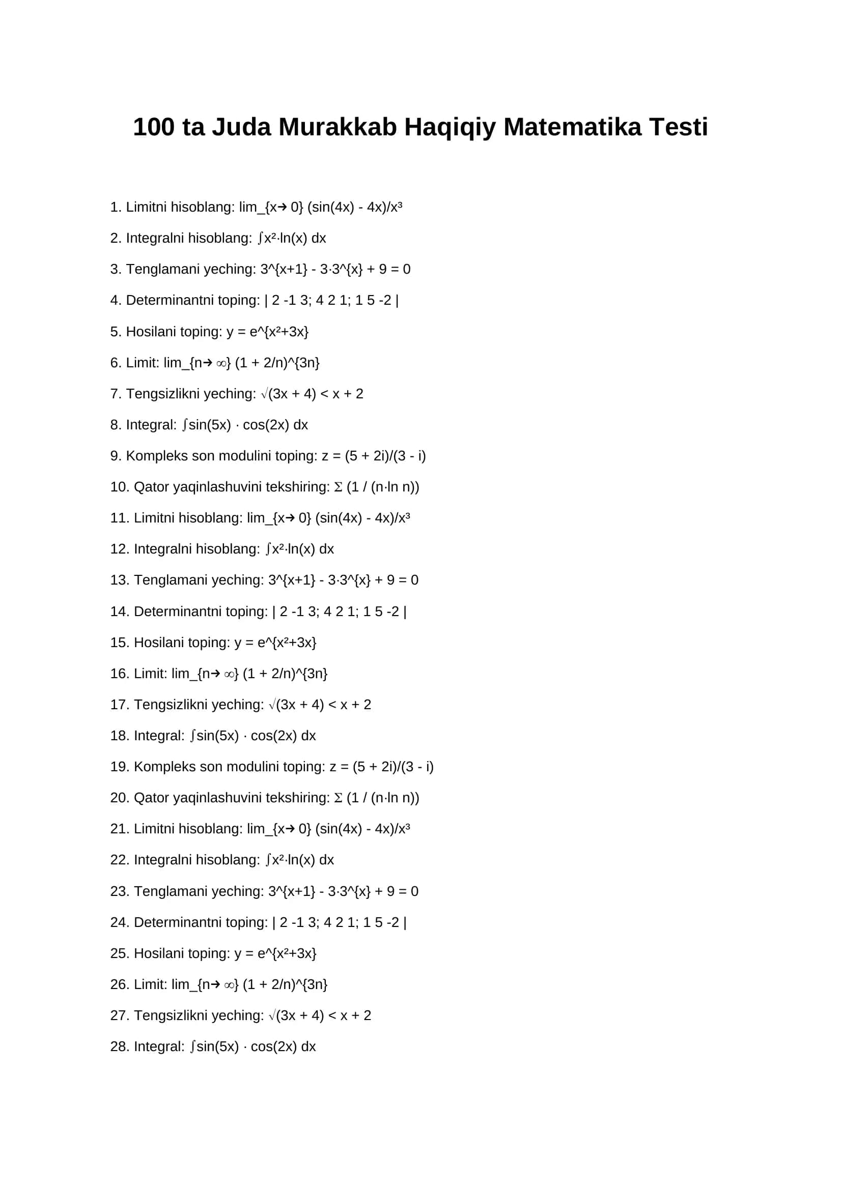 Matematika testlar murakkab 1