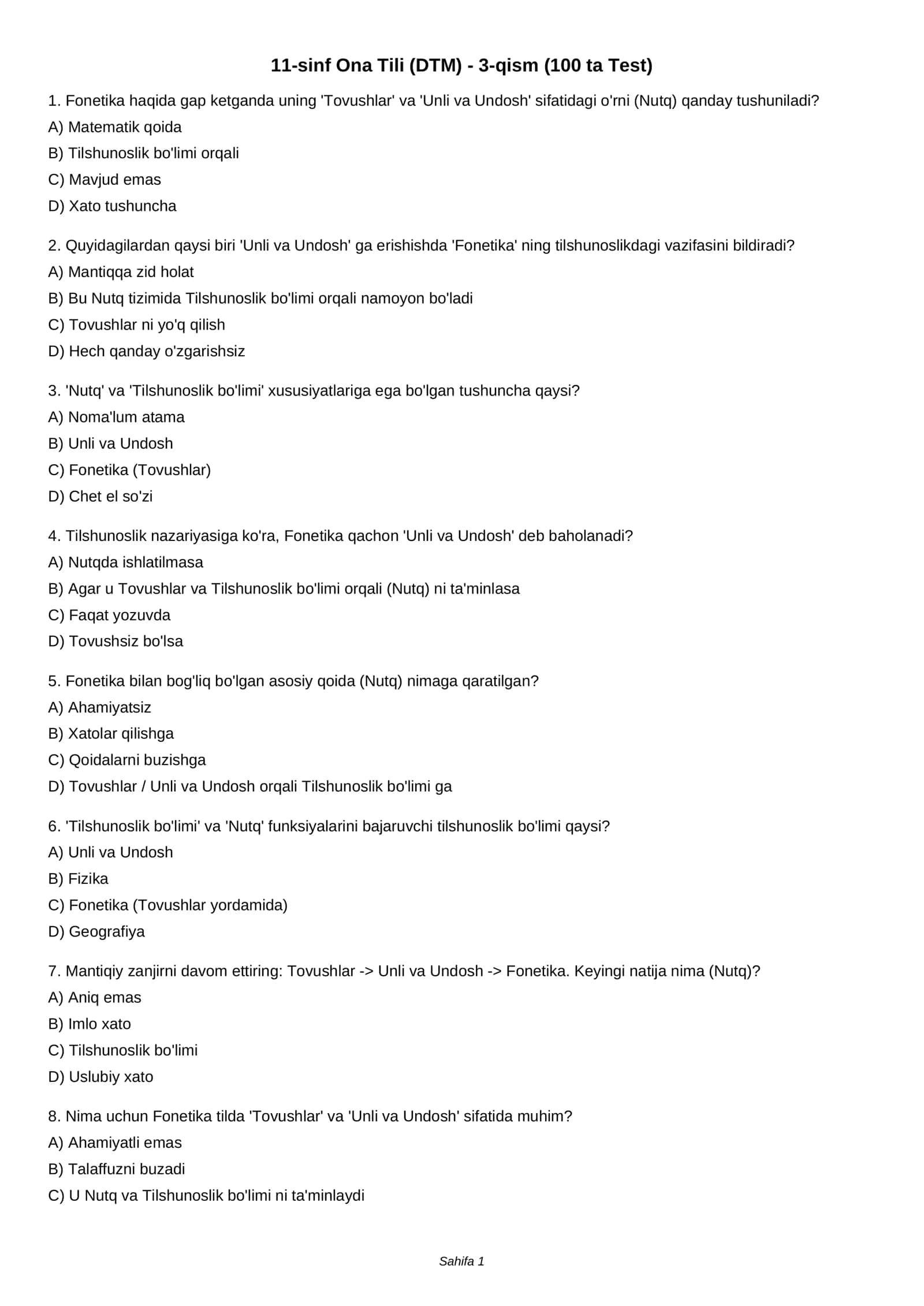 11-sinf Ona Tili (DTM) - 3-qism (100 ta Test) 1