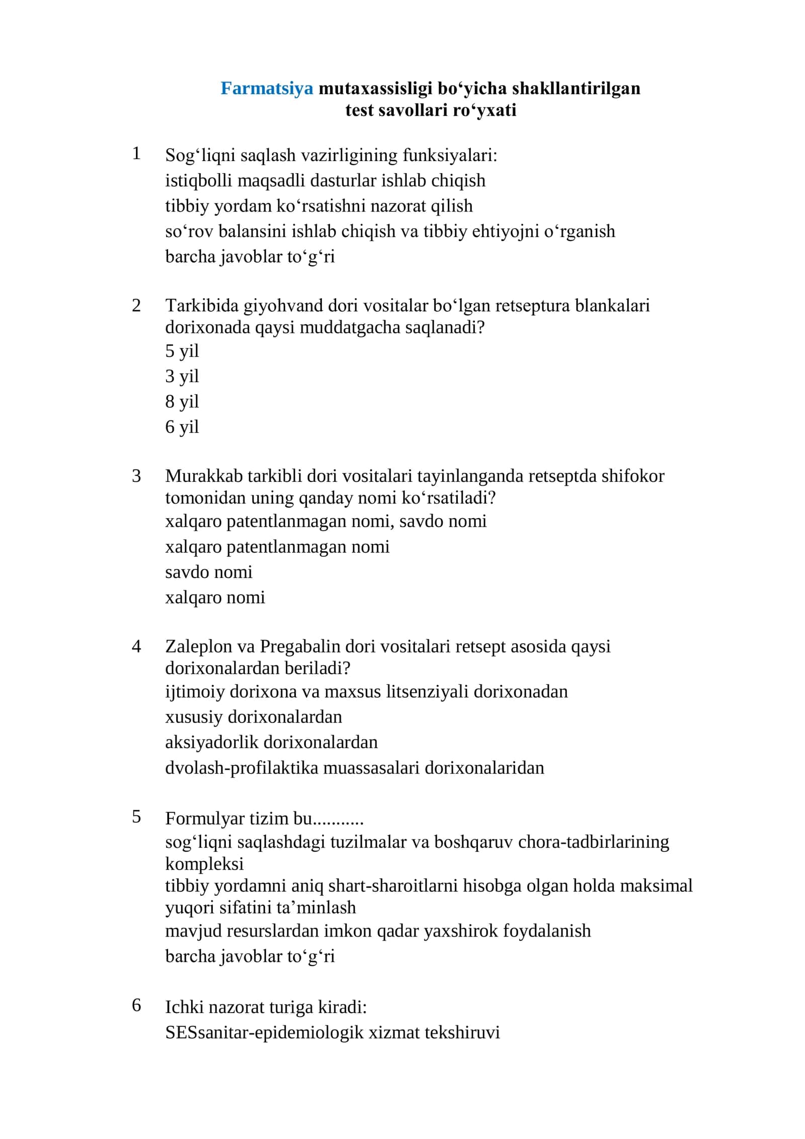 Farmatsiya mutaxassisligi boʻyicha shakllantirilgan test savollari roʻyxati 2026 1