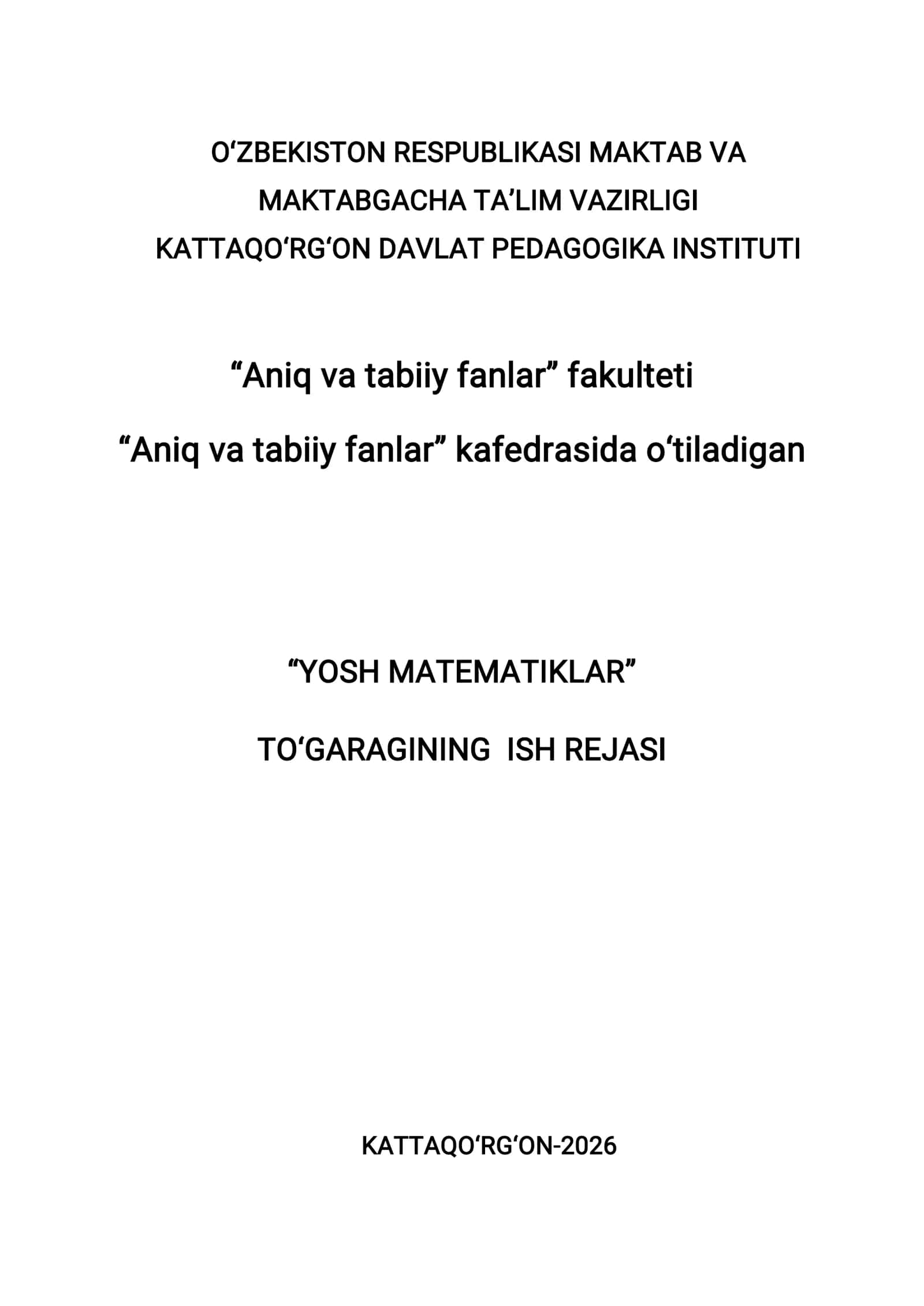 YOSH MATEMATIKLAR TO‘GARAGINING ISH REJASI 1