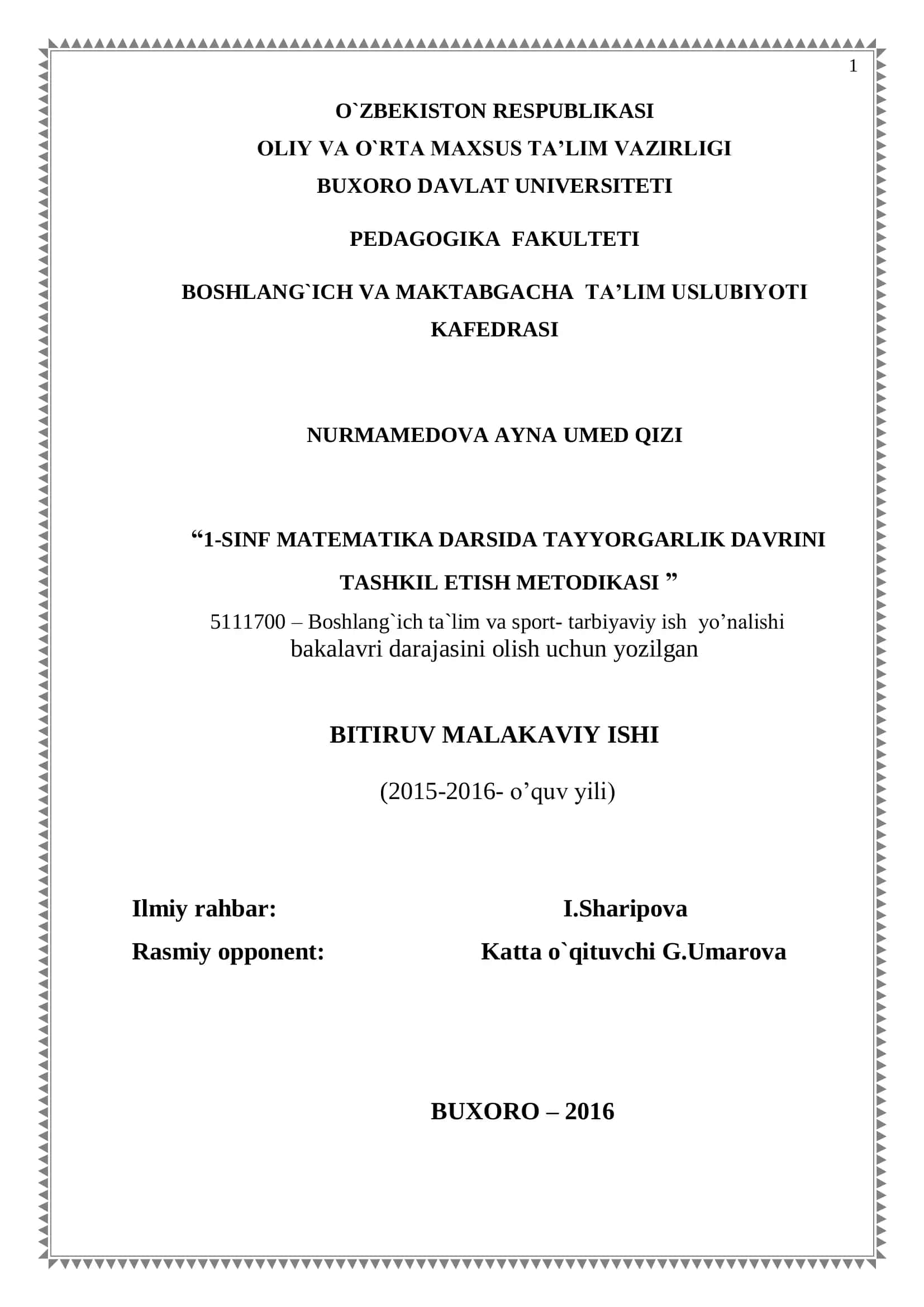 1-SINF MATEMATIKA DARSIDA TAYYORGARLIK DAVRINI TASHKIL ETISH METODIKASI 1