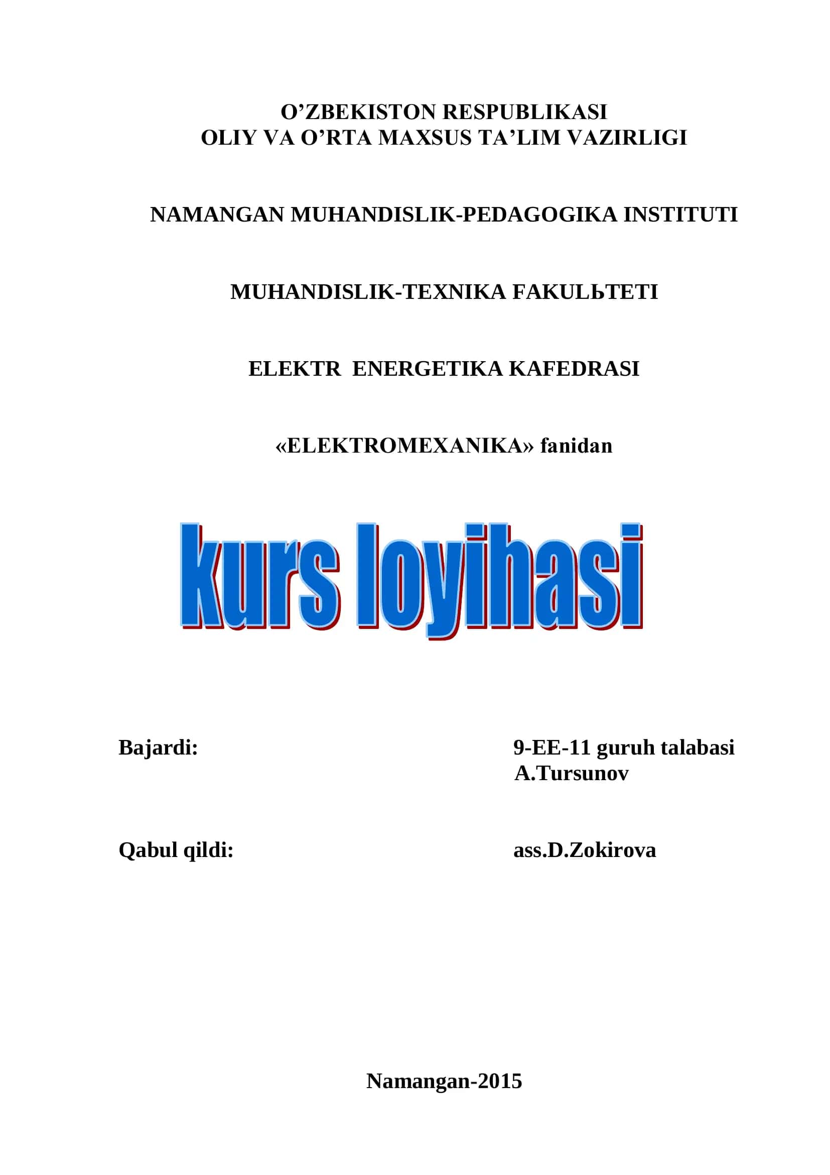 Sanoat korxonalarining transformatorlarini loyihasini ishlab chiqish 1
