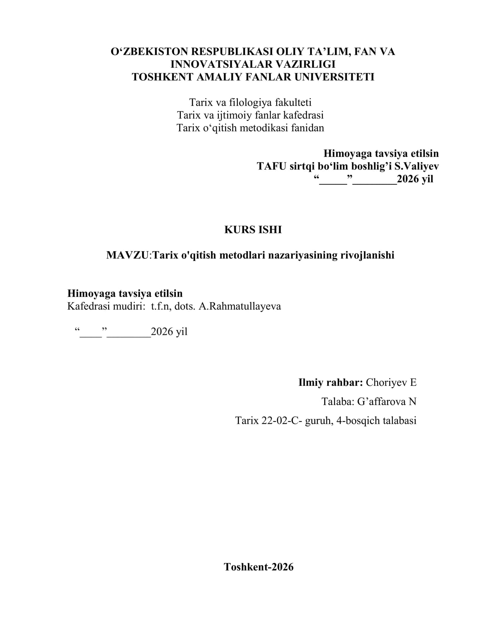 Tarix o'qitish metodlari nazariyasi 1