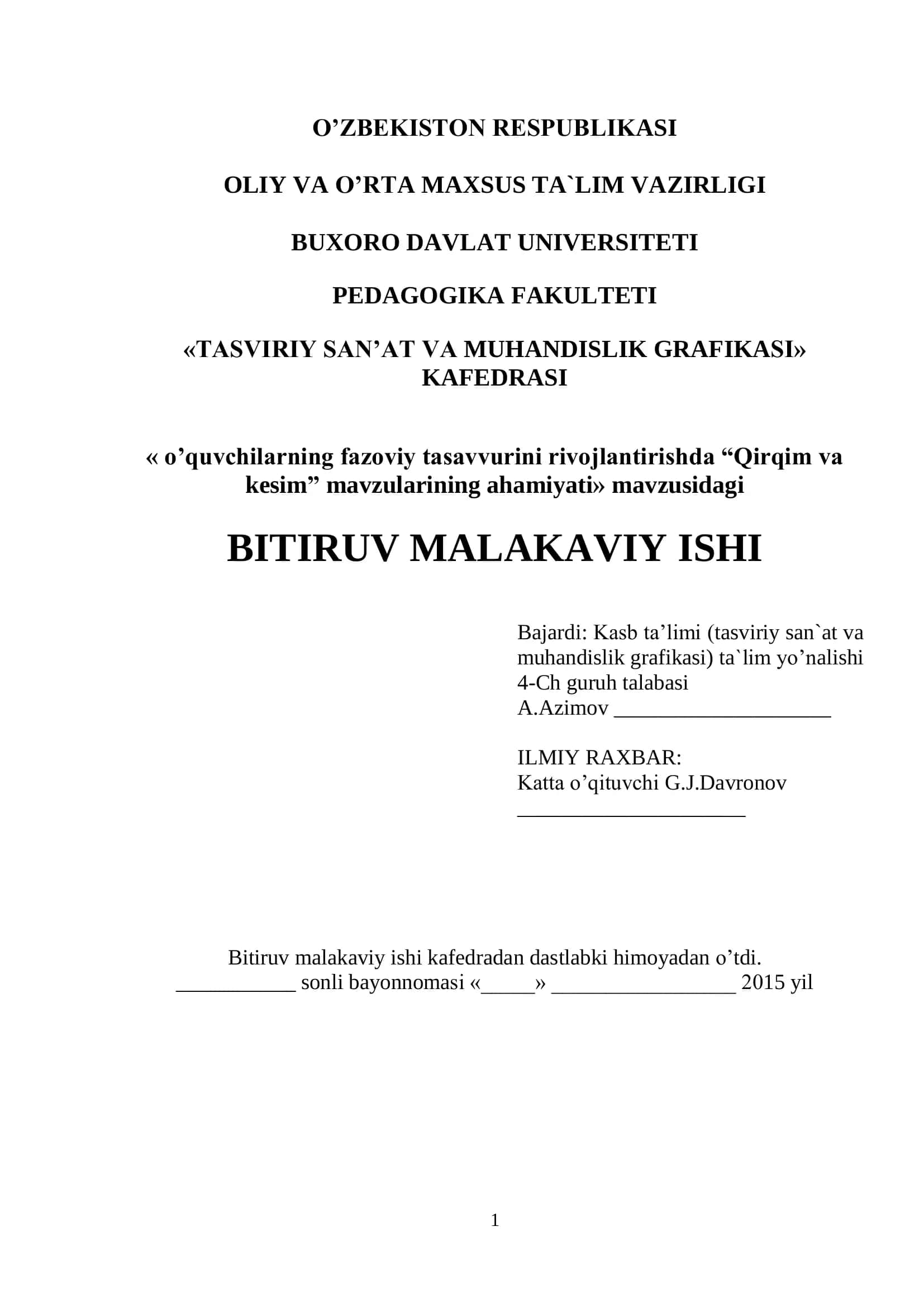 Qirqim va kesim mavzusidagi BITIRUV MALAKAVIY ISHI 1