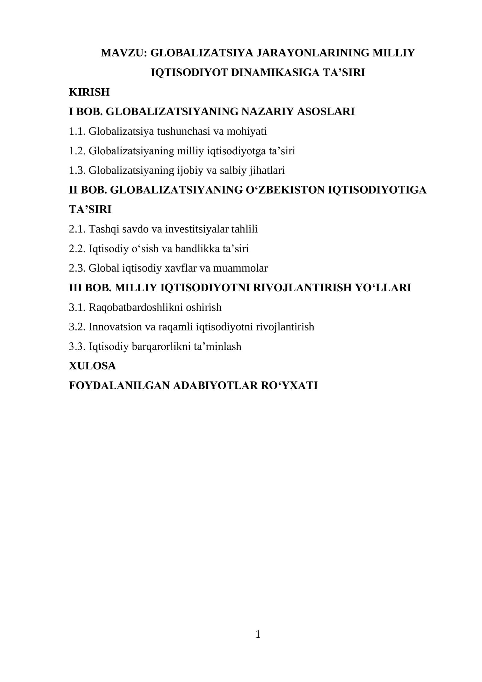GLOBALIZATSIYA JARAYONLARINING MILLIY IQTISODIYOT DINAMIKASIGA TA’SIRI 1