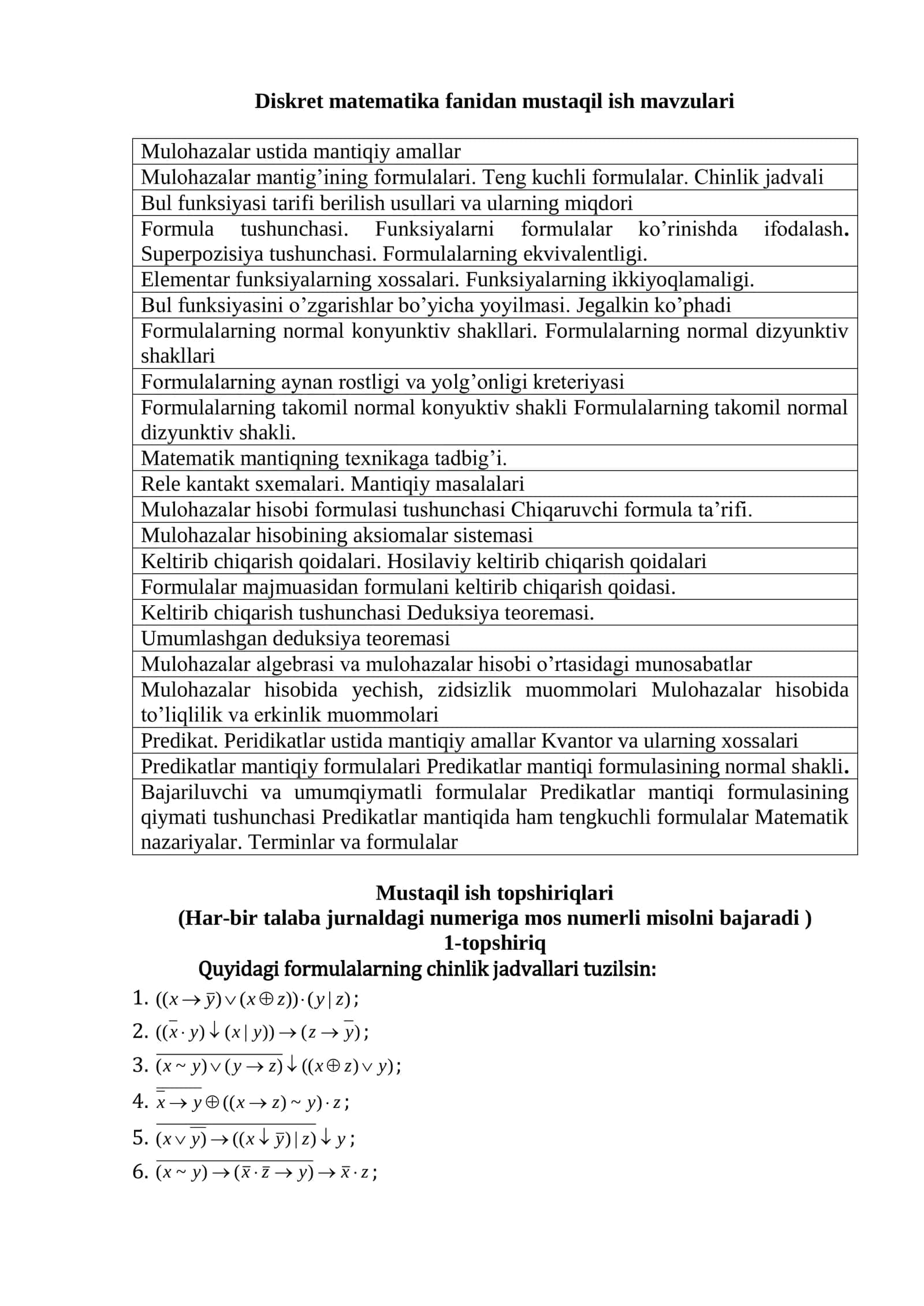 Diskret matematika fanidan mustaqil ish mavzulari 1