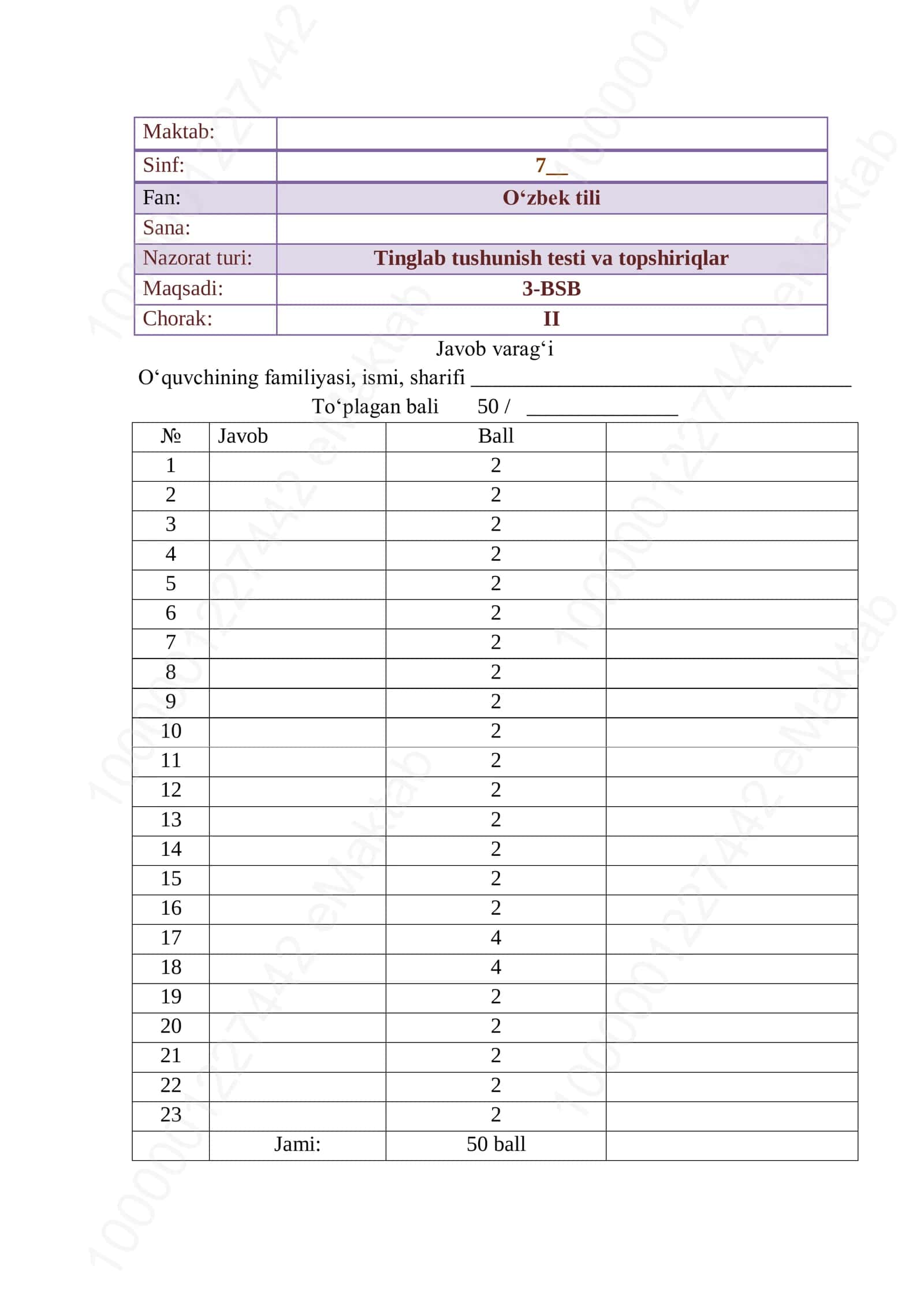Tinglab tushunish testi 1