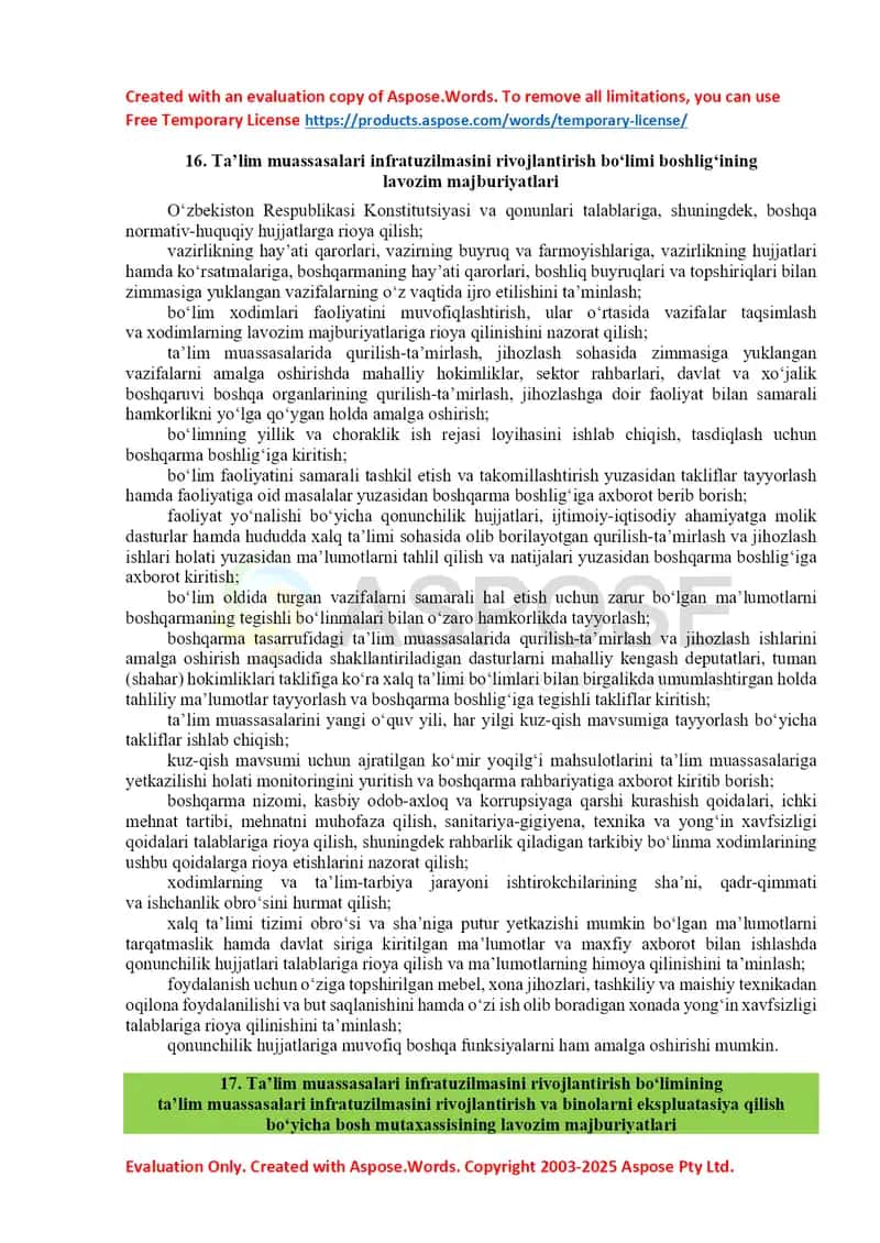 Ta’lim muassasalari infratuzilmasini rivojlantirish bo‘limi lavozim majburiyatlari 1