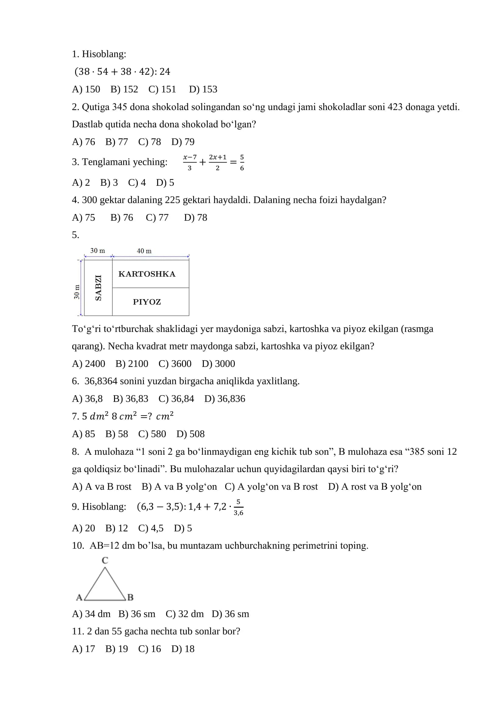 Majburiy matematikadan test 1
