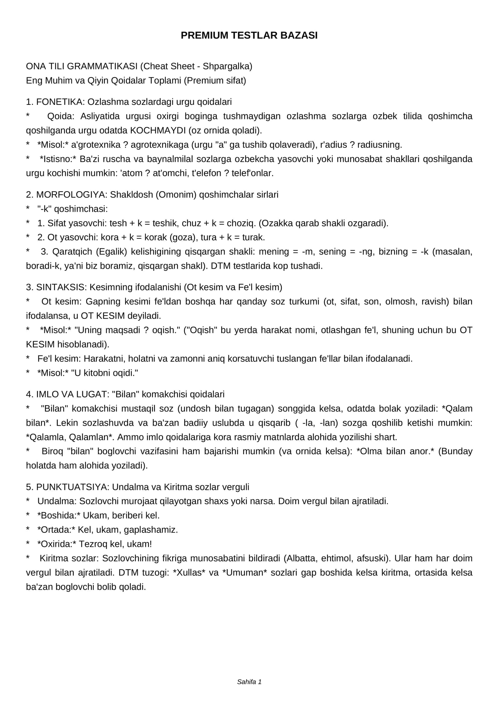 ONA TILI GRAMMATIKASI (Cheat Sheet - Shpargalka) 1