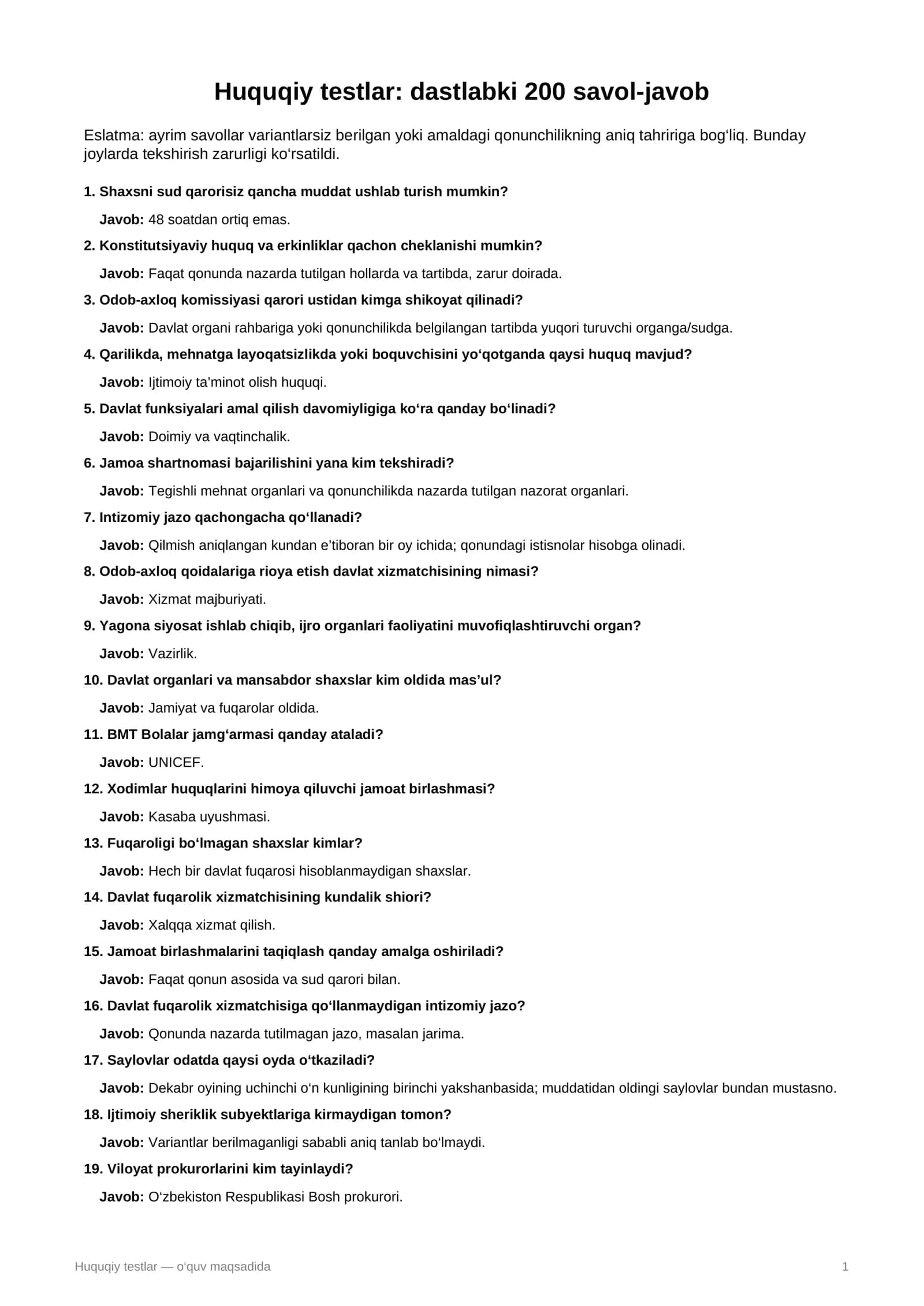 Huquqiy testlar 200ta Milliy qonunchilik 1
