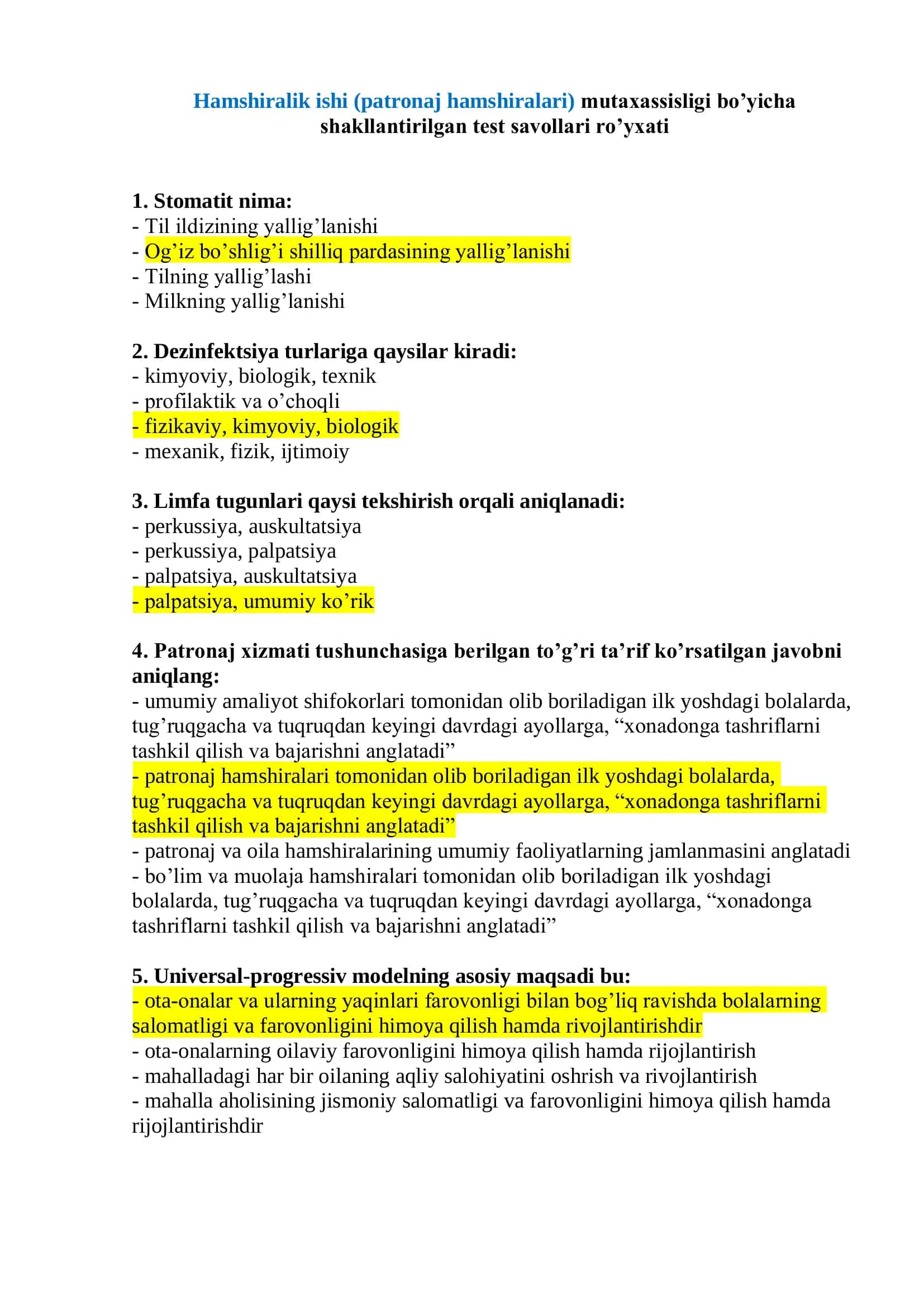 Patronaj hamshiralari uchun test javoblari 1
