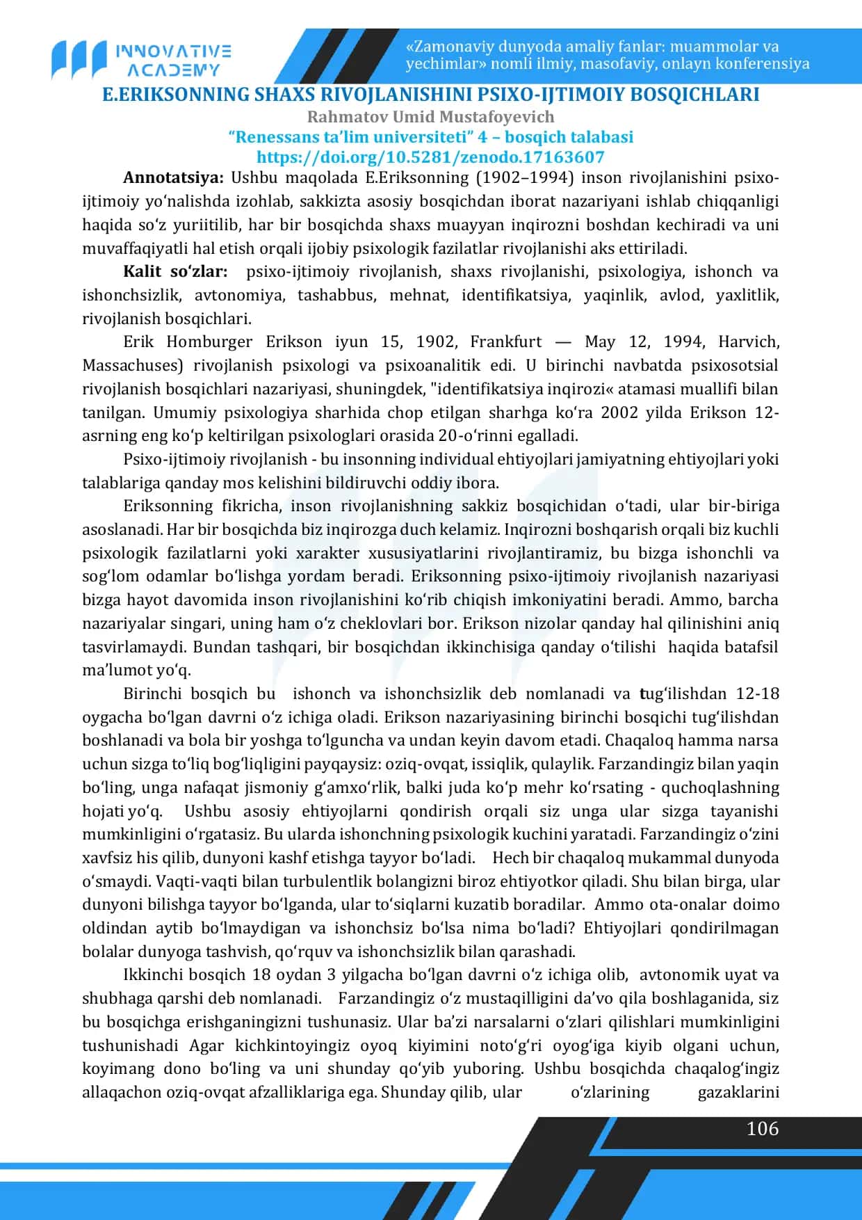 E.Eriksonning shaxs rivojlanishini psixo-ijtimoiy bosqichlari 1