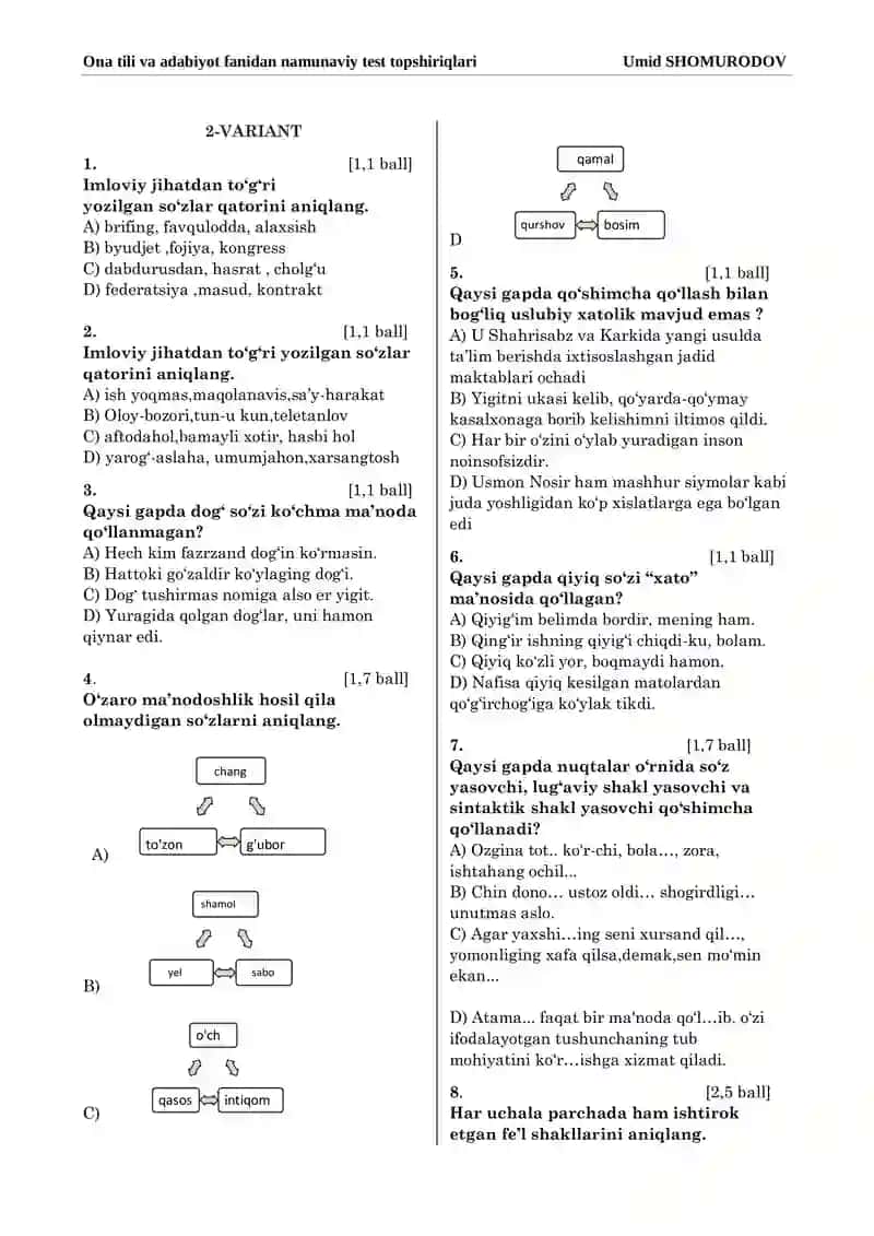 Milliy serfikat uchun ona tili va adabiyot test