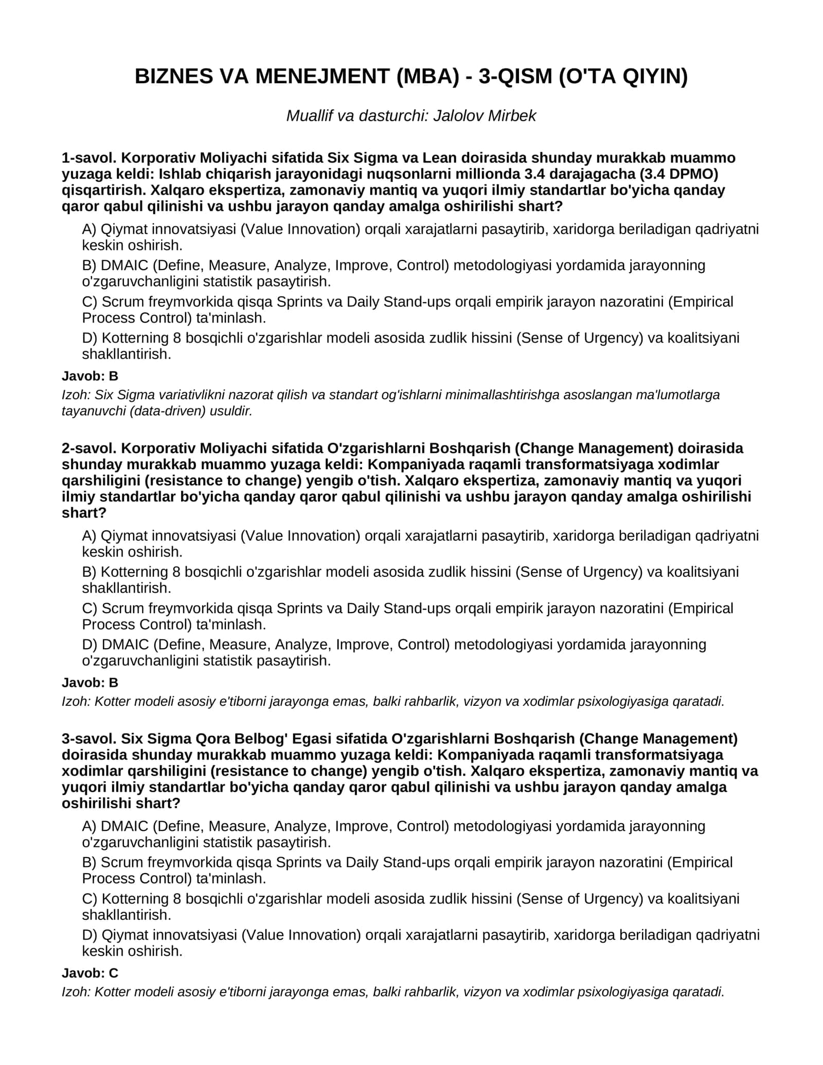 BIZNES VA MENEJMENT (MBA) - 3-QISM (O'TA QIYIN) 1
