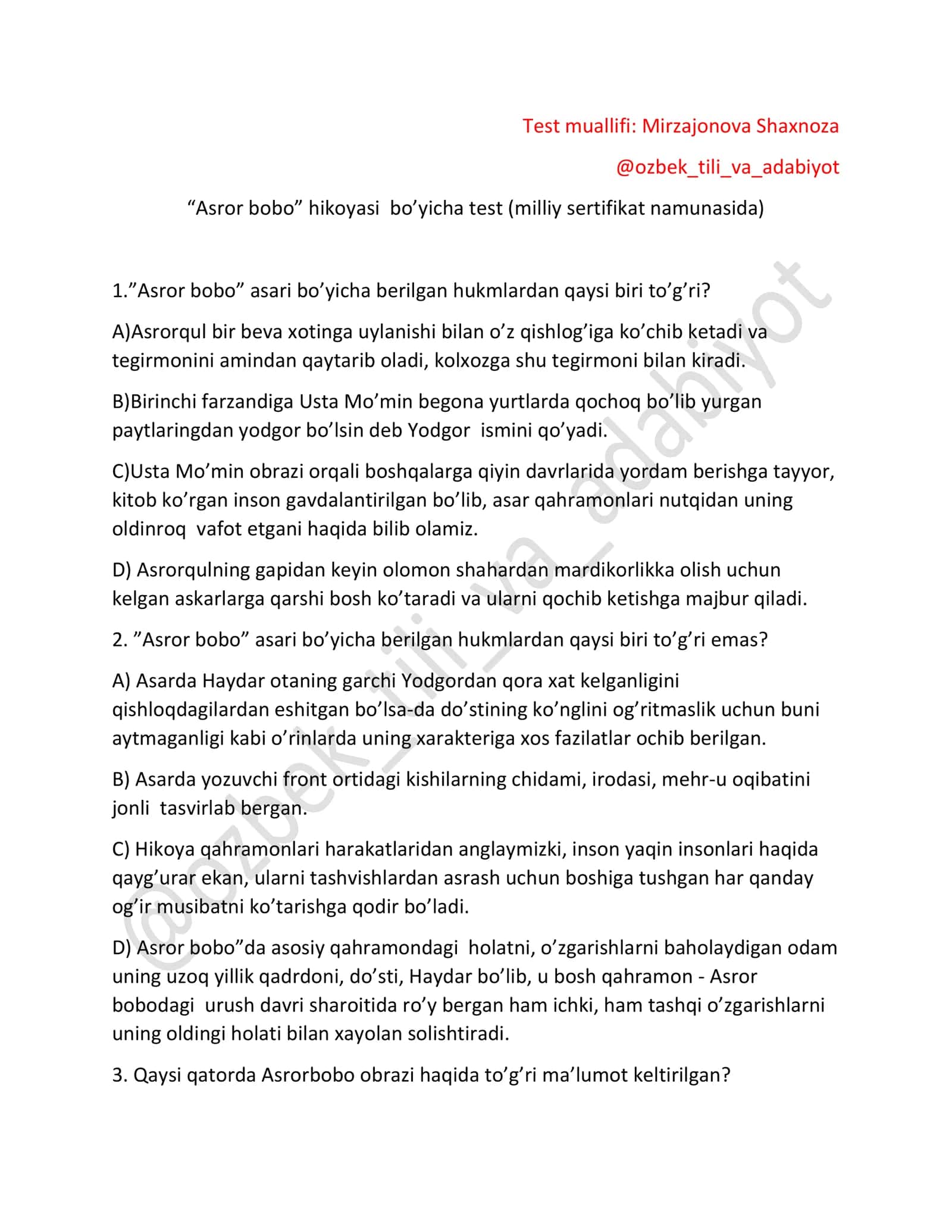“Asror bobo” hikoyasi bo’yicha test (milliy sertifikat namunasida) 1