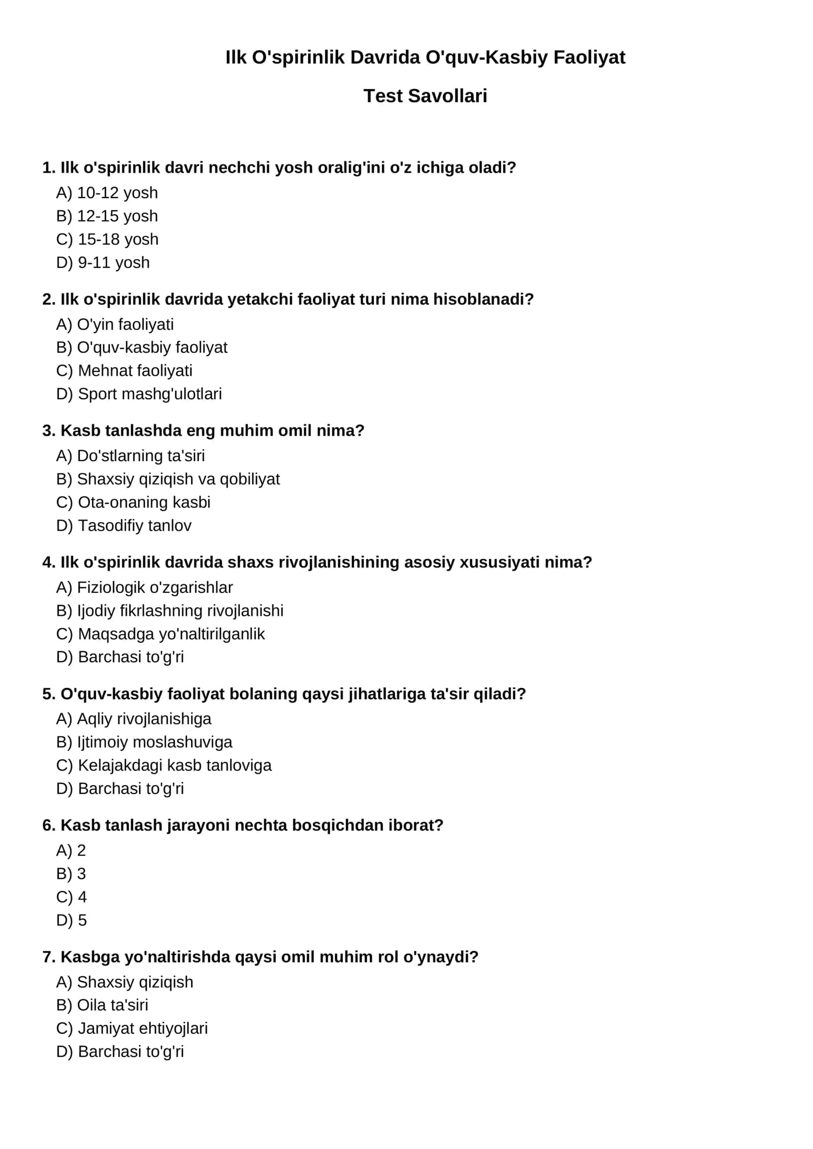 Ilk O'spirinlik Davrida O'quv-Kasbiy Faoliyat Test Savollari 1