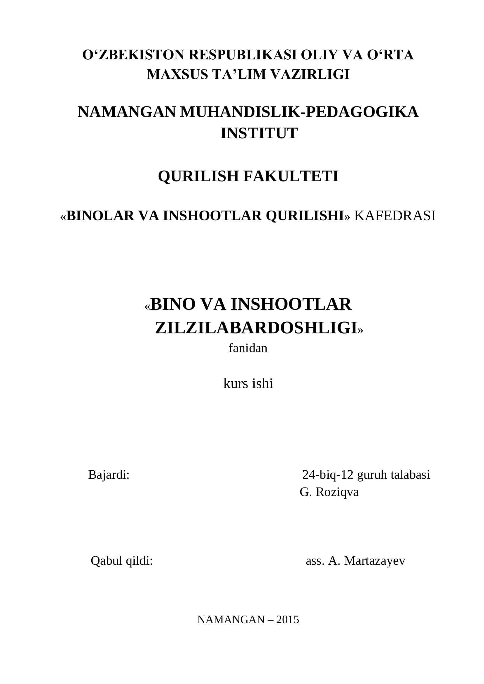 IKKI QAVATLI, 3 PROLYOTLI SANOAT BINOSINI ZILZILABARDOSHLIKKA HISOBLASH 1