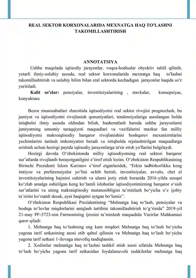 REAL SEKTOR KORXONALARIDA MEXNATGA HAQ TO'LASHNI TAKOMILLASHTIRISH 1