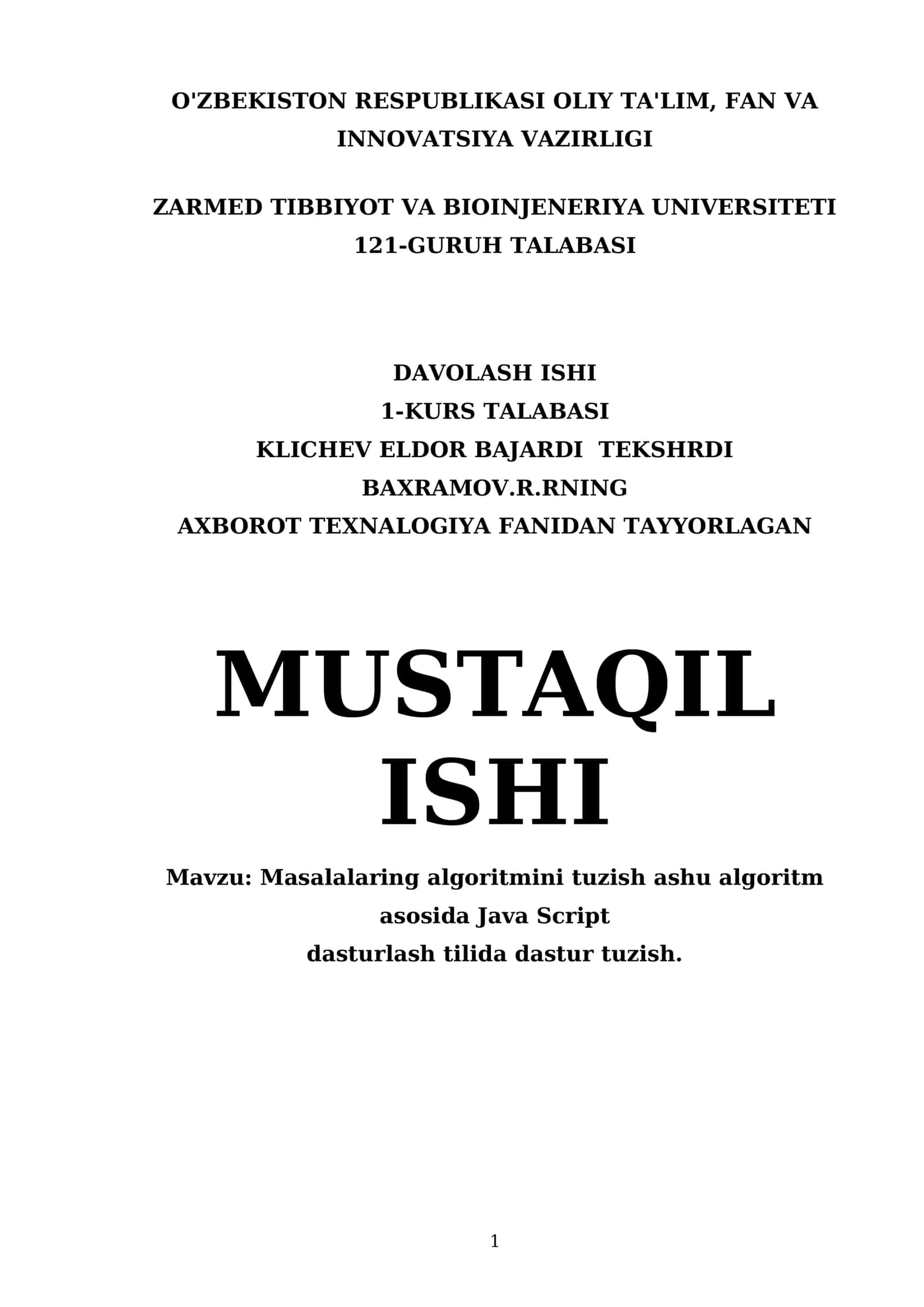 Masalalaring algoritmini tuzish ashu algoritm asosida Java Script dasturlash tilida dastur tuzish 1