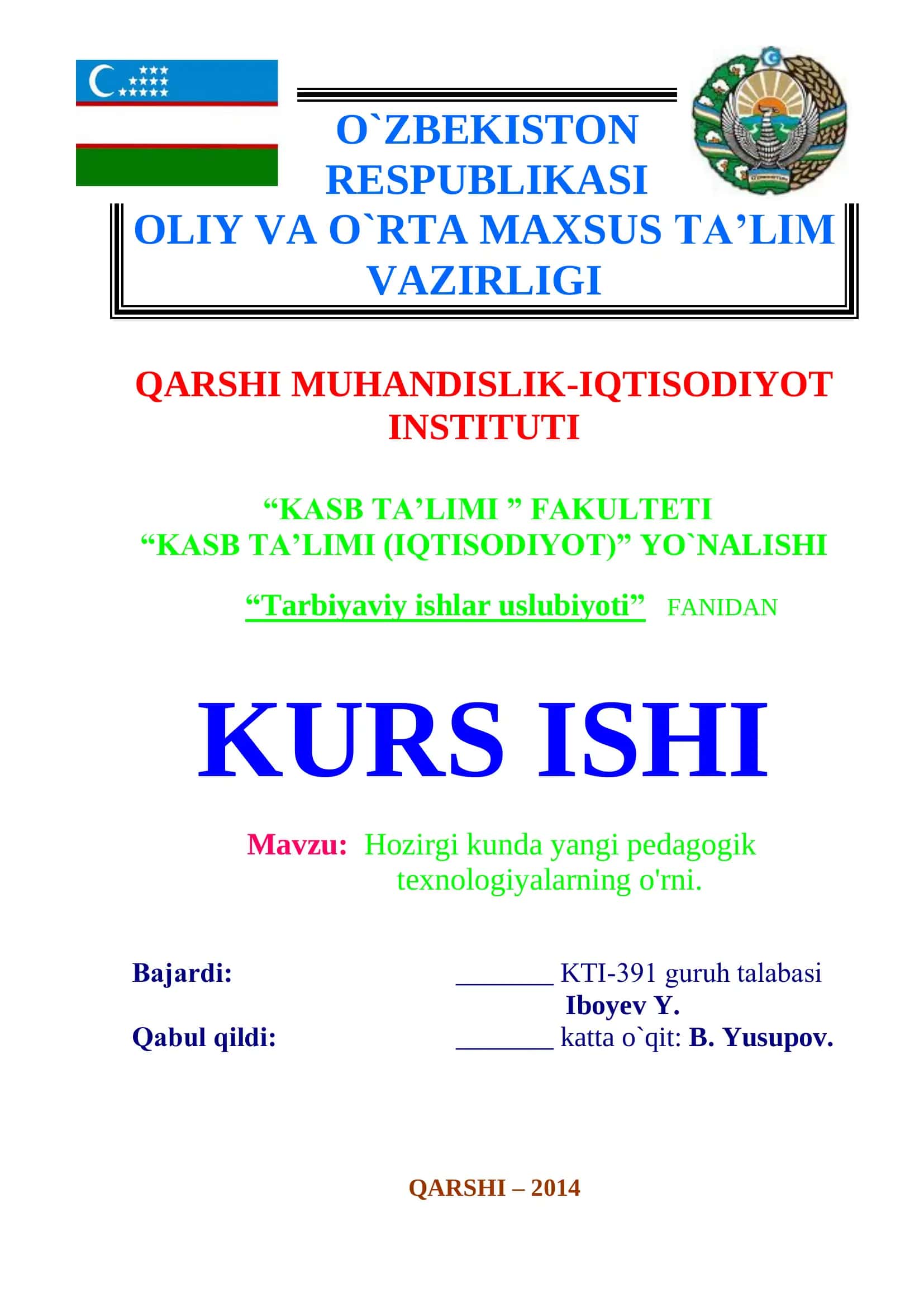 Tarbiyaviy ishlar uslubiyoti kurs ishi 1
