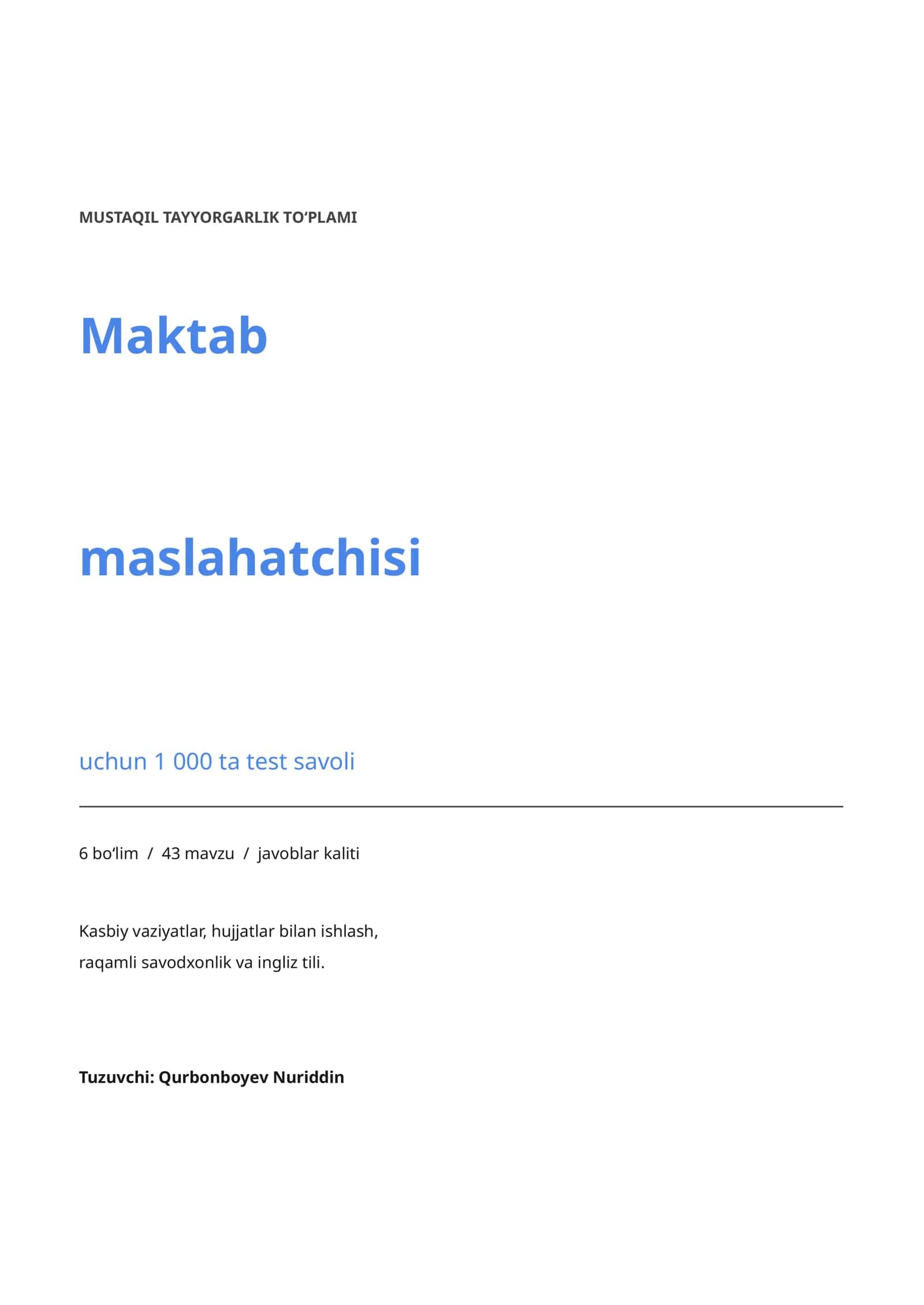 MAKTAB MASLAHATCHISI 1000 ta test 2026 yangi 1