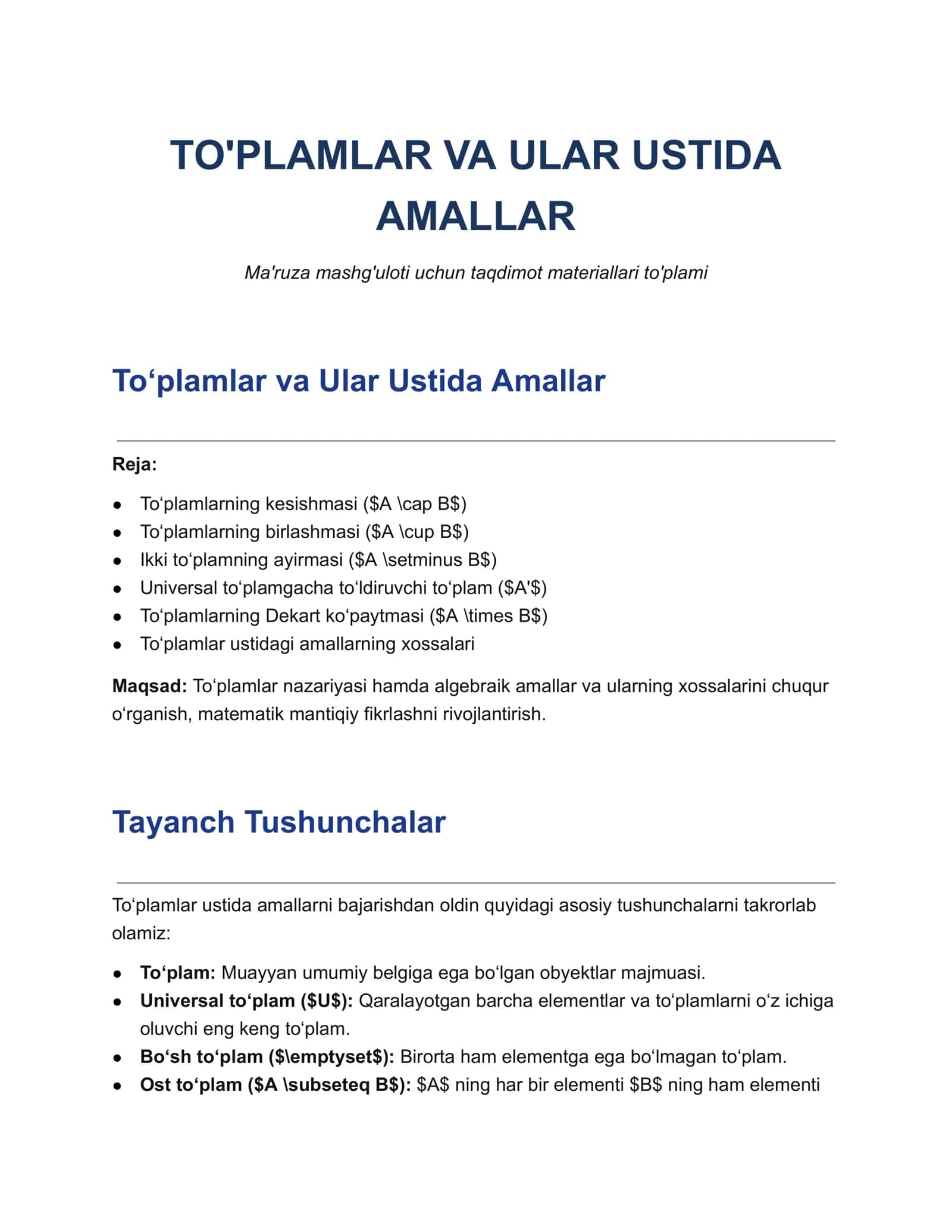 To'plamlar va Ular Ustida Amallar 1