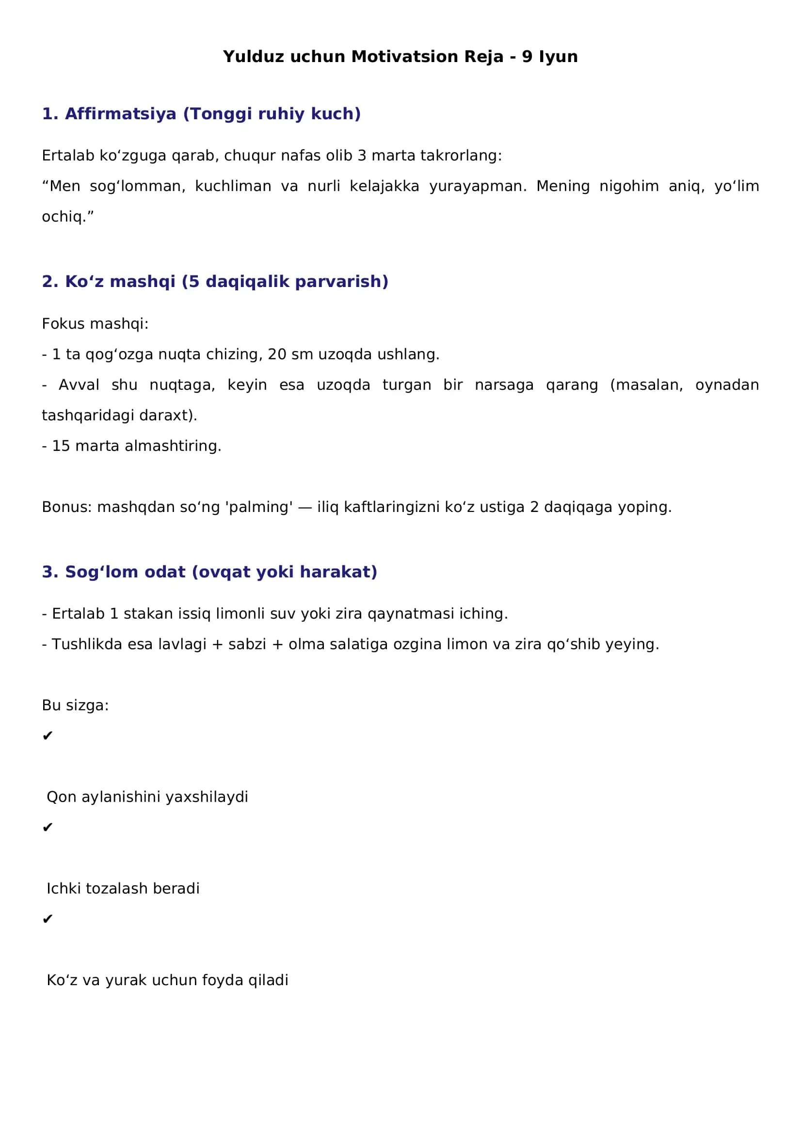 Ayollar uchun Motivatsion Reja 1