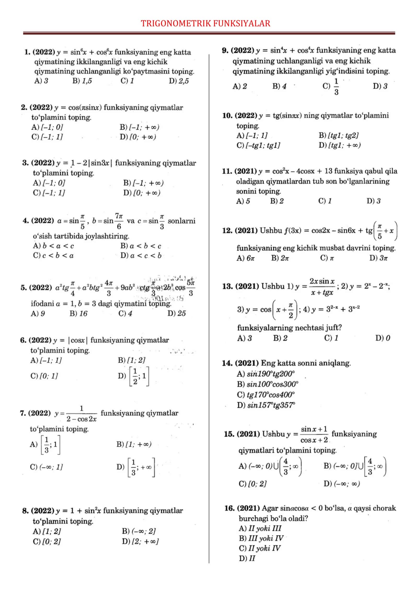 TRIGONOMETRIK FUNKSIYALAR 1