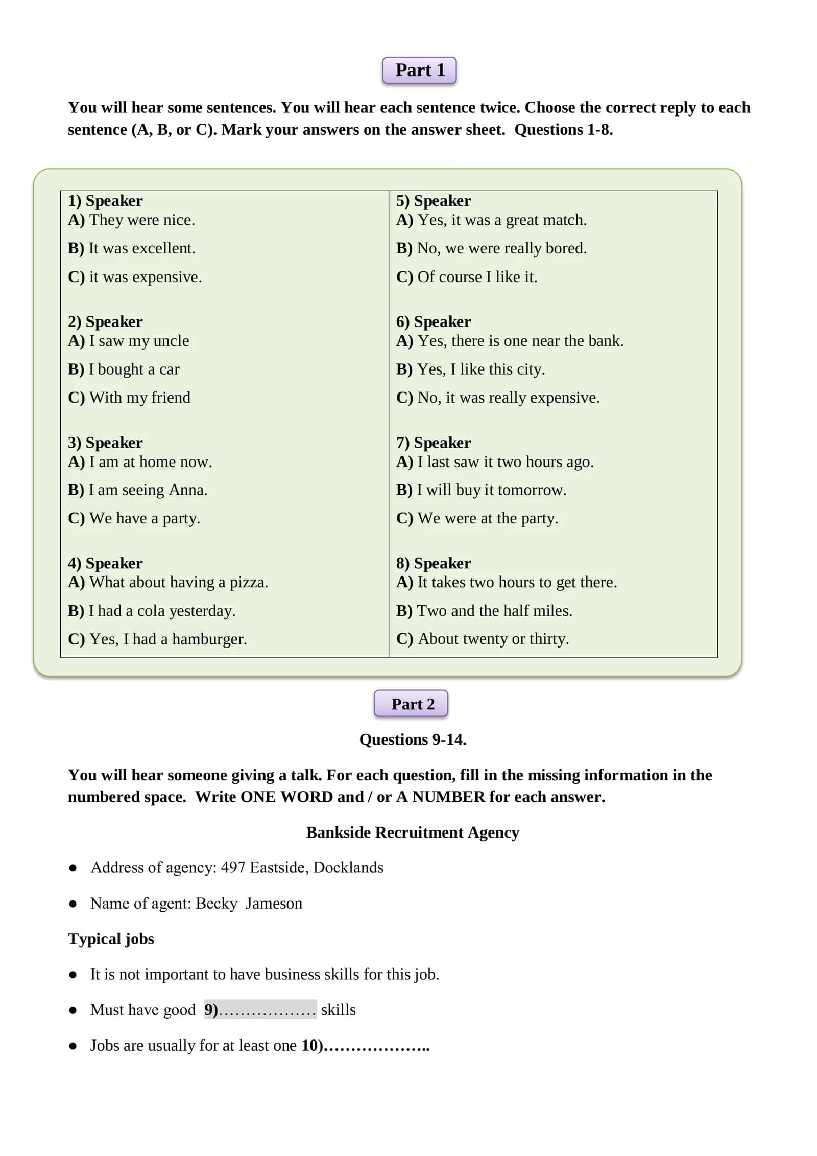 Part 1 Listening Comprehension Questions 1