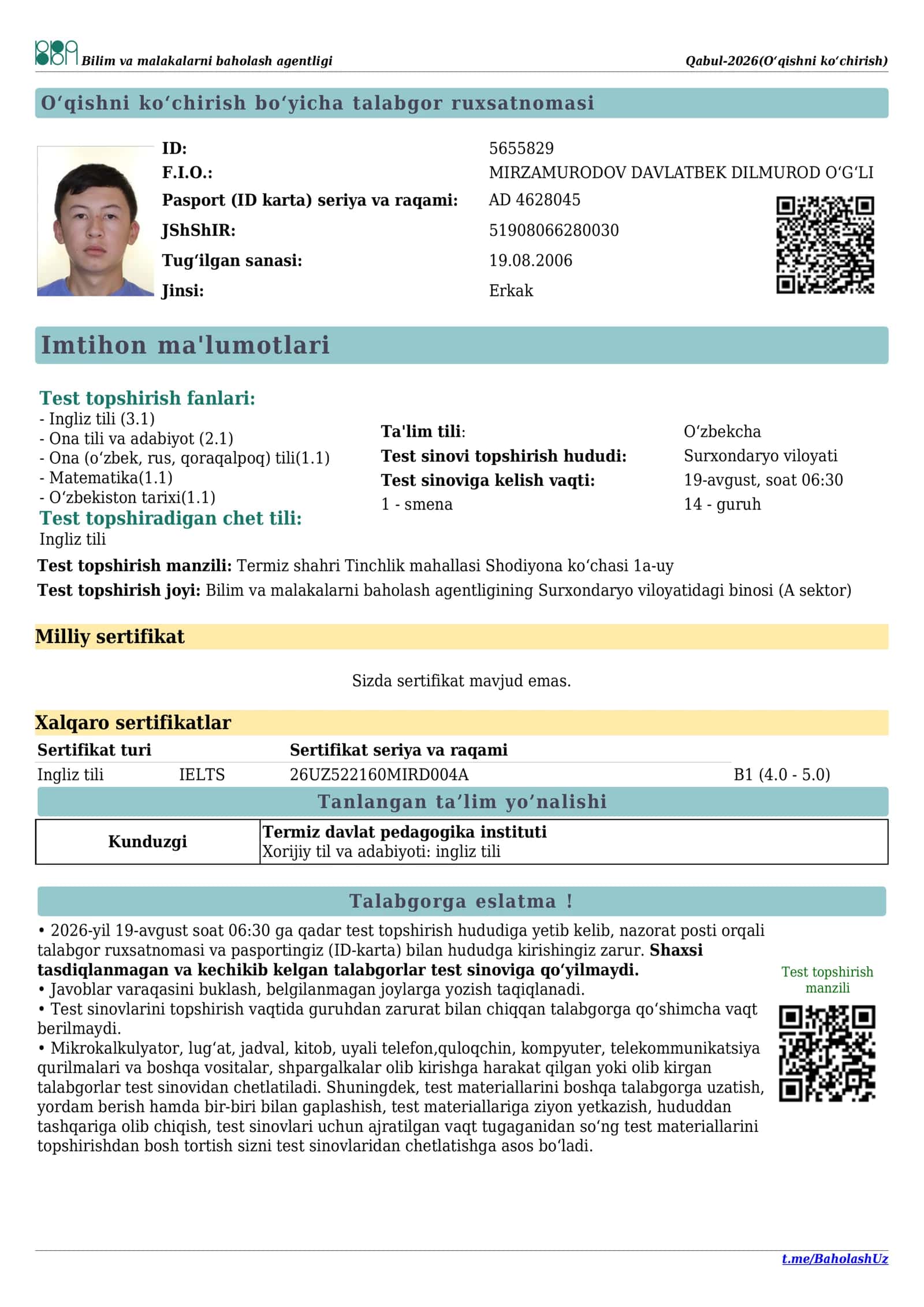 Imtihon ma'lumotlari 1