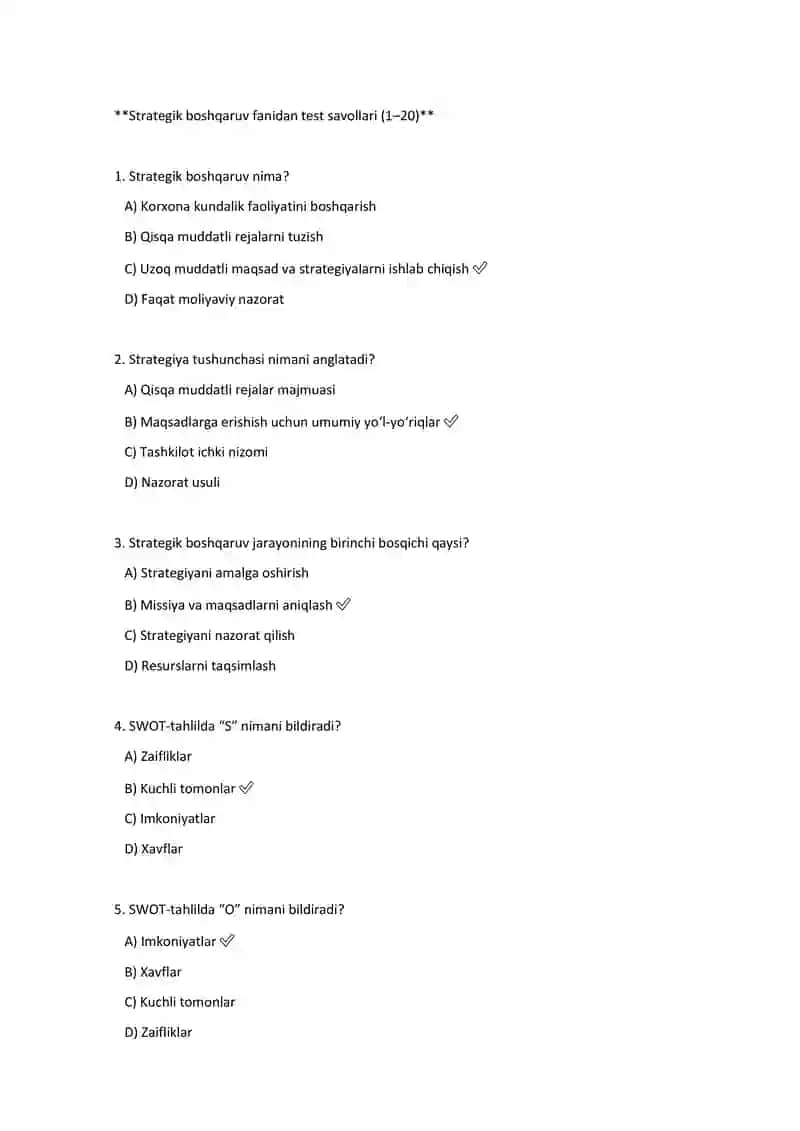 Strategik boshqaruv fanidan test savollari (1–20)