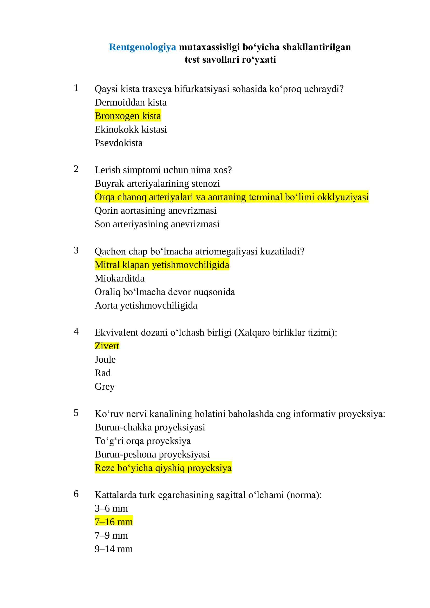 Rentgenologiya mutaxassisligi boʻyicha shakllantirilgan test savollari roʻyxati 1