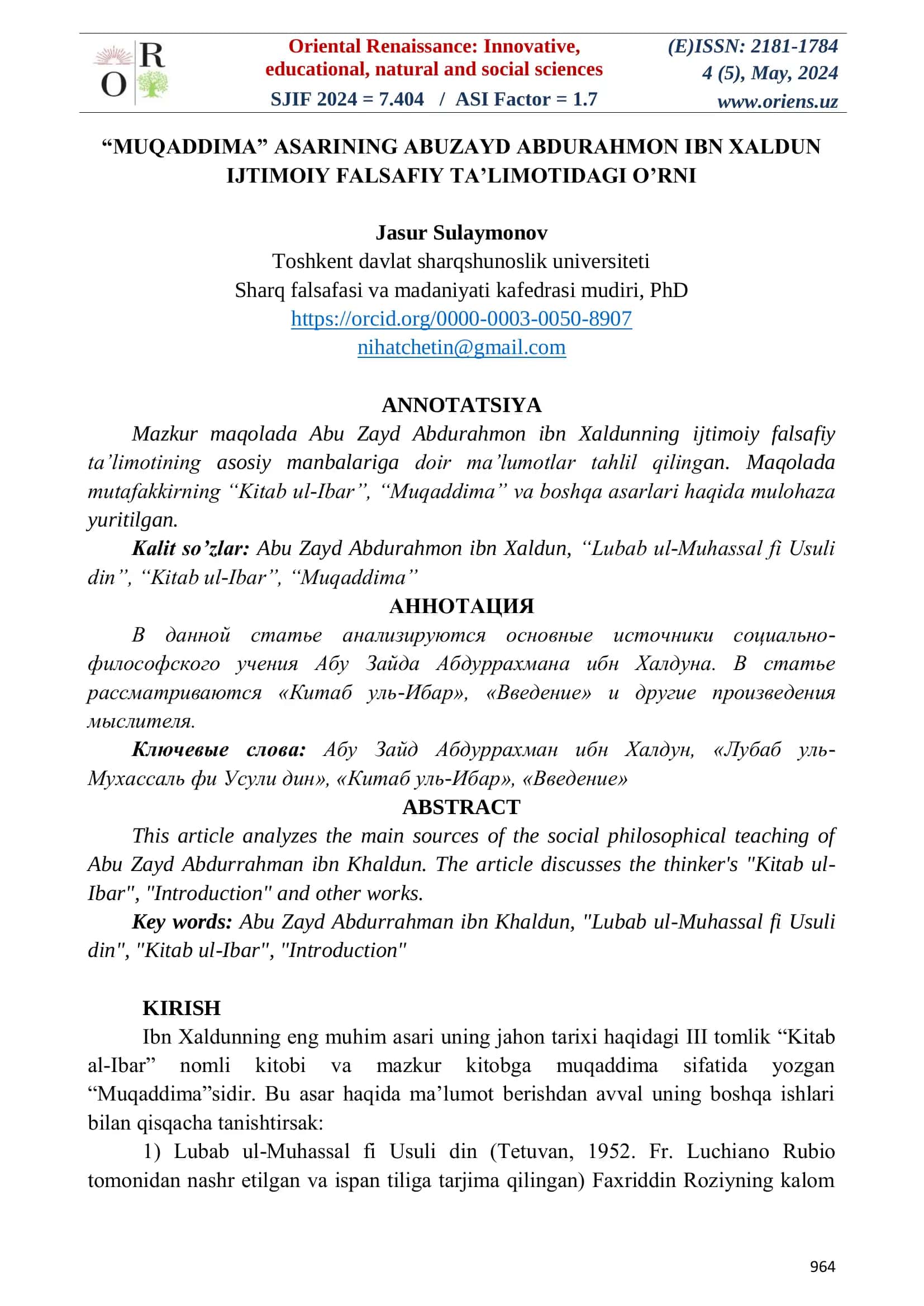 Abu Zayd Abdurahmon ibn Xaldun ijtimoiy ta'limotining asosiy manbalariga doir ma'lumotlar tahlili 1