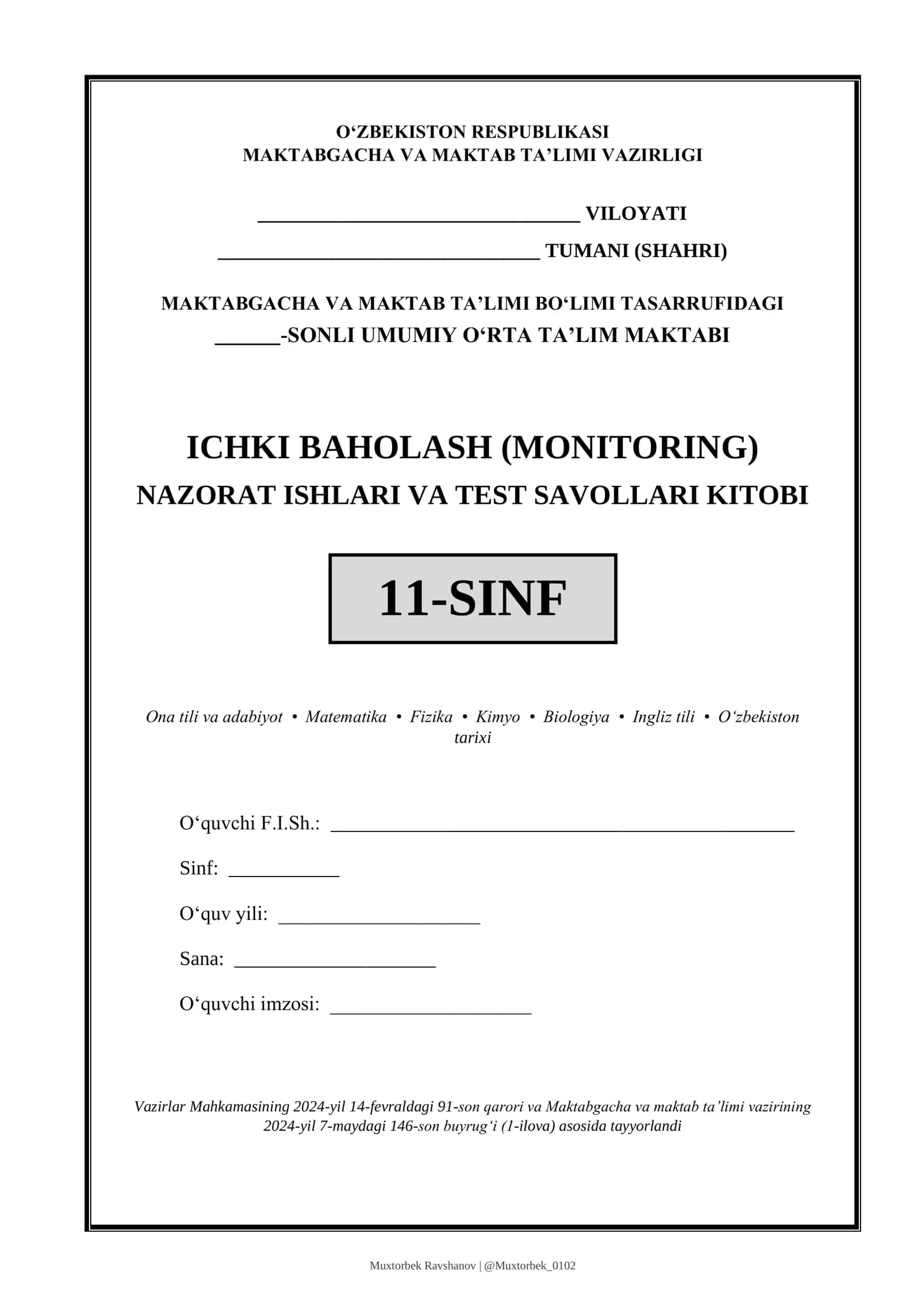 Ichki baholash (monitoring) nazorat ishlari va test savollari kitobi 1