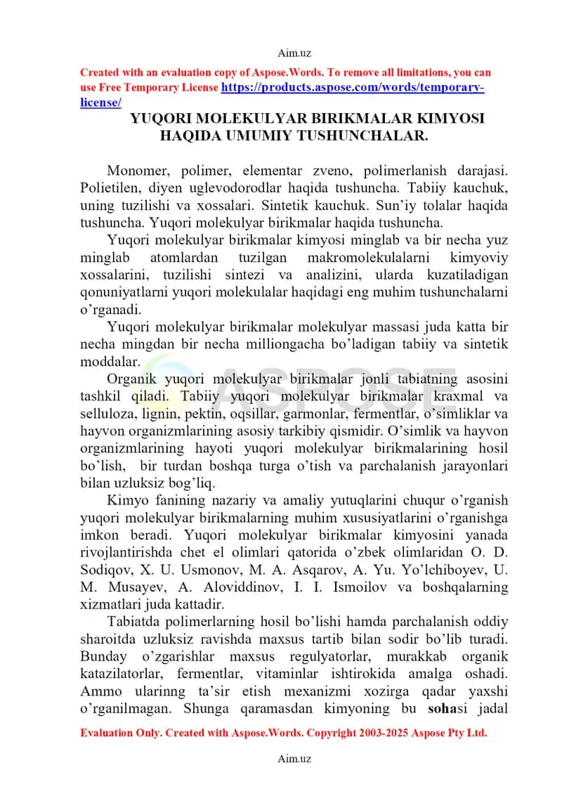 Yuqori molekulyar birikmalar kimyosi haqida umumiy tushunchalar 1