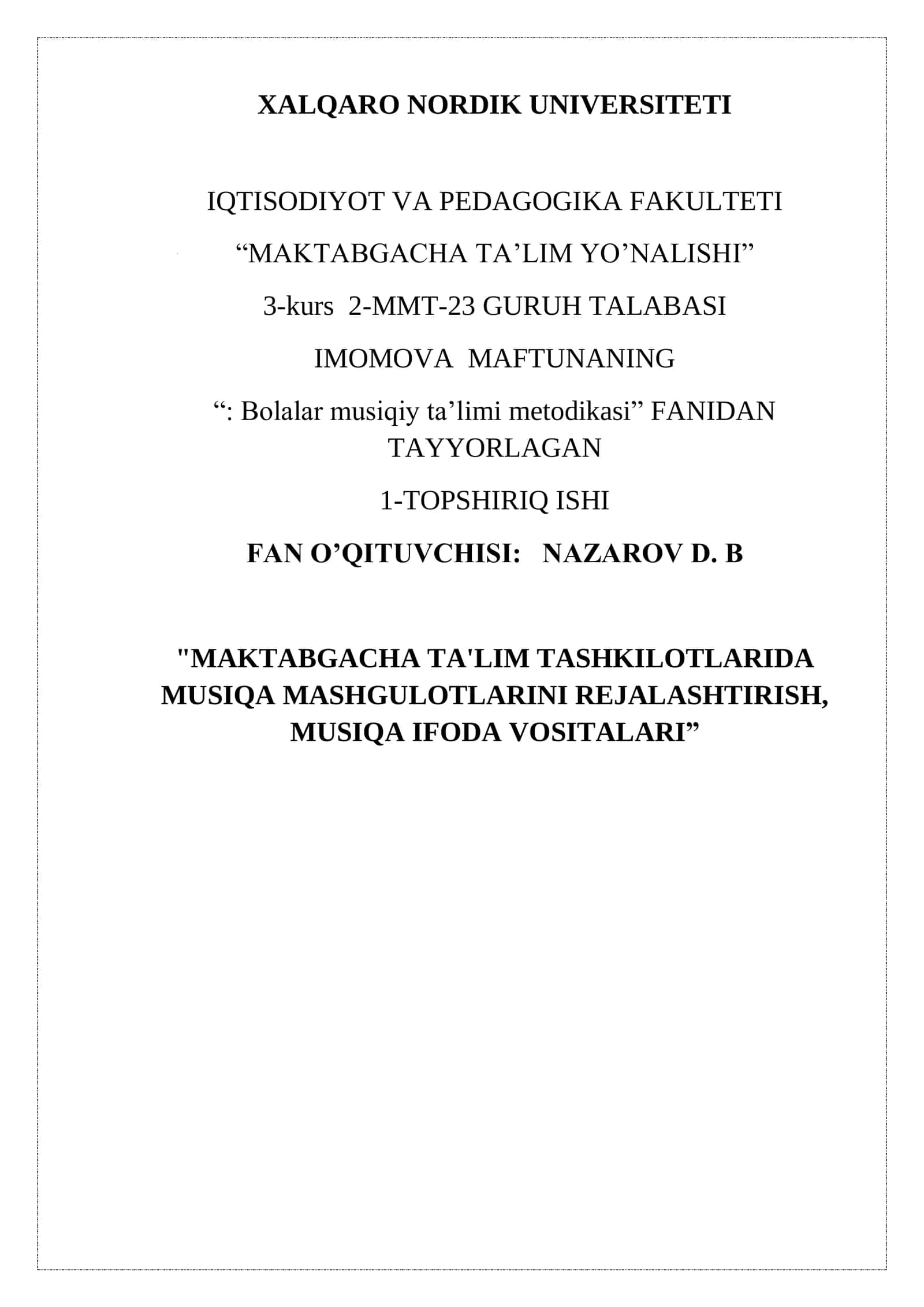Musiqa mashg'ulotlari rejalashtirish va ifoda vositalari 1