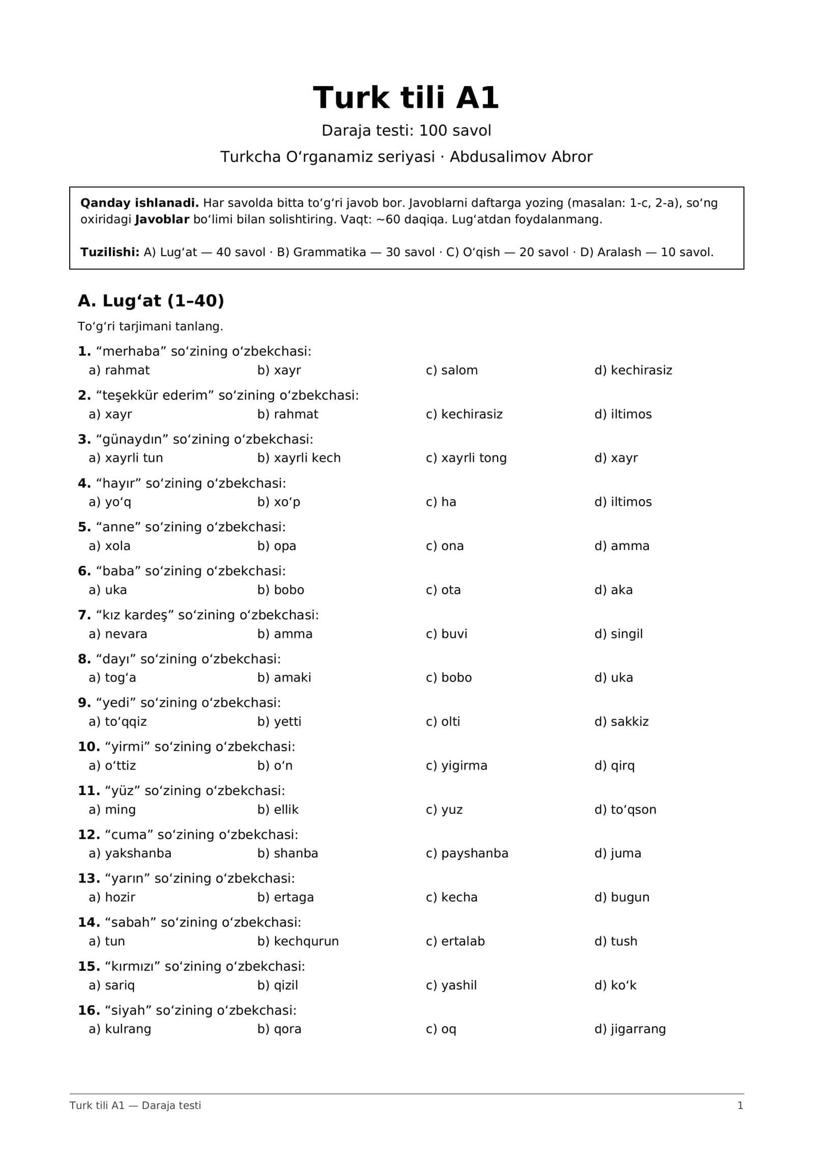 Turk tili A1 mini test: 100 savol + javoblar (PDF) 1