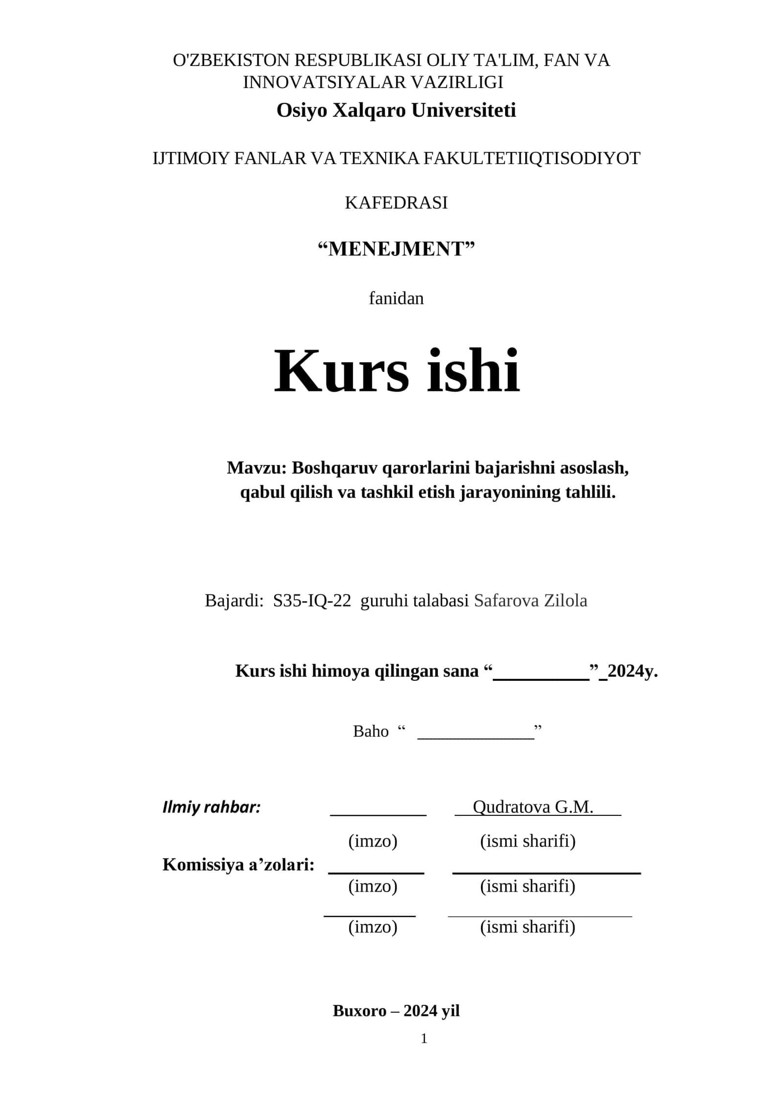 Boshqaruv qarorlarini bajarishni asoslash, qabul qilish va tashkil etish jarayonining tahlili 1