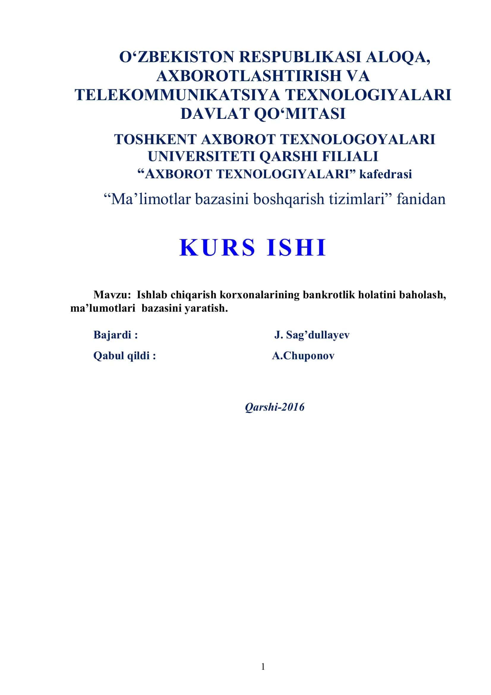 Ma’limotlar bazasini boshqarish tizimlari 1