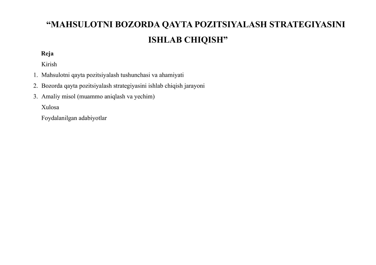 MAHSULOTNI BOZORDA QAYTA POZITSIYALASH STRATEGIYASINI ISHLAB CHIQISH 1